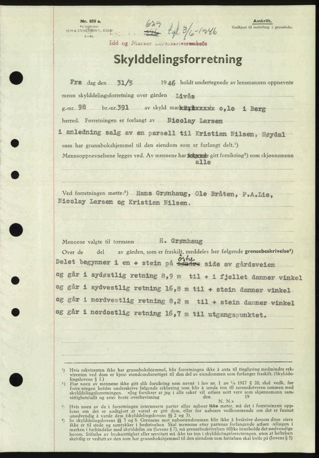 Idd og Marker sorenskriveri, AV/SAO-A-10283/G/Gb/Gbb/L0008: Mortgage book no. A8, 1946-1946, Diary no: : 639/1946