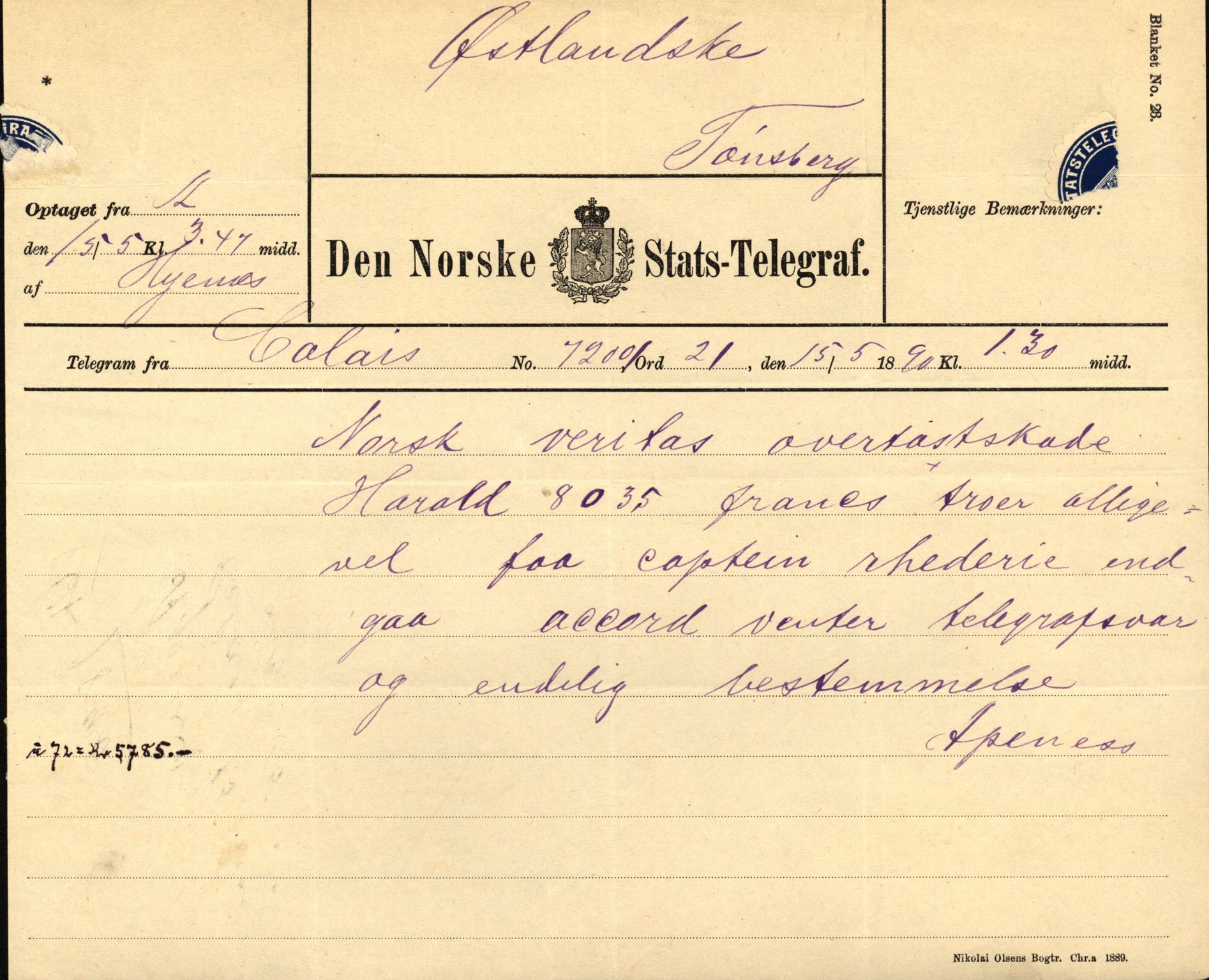 Pa 63 - Østlandske skibsassuranceforening, VEMU/A-1079/G/Ga/L0025/0004: Havaridokumenter / Imanuel, Hefhi, Guldregn, Haabet, Harald, Windsor, 1890, p. 90