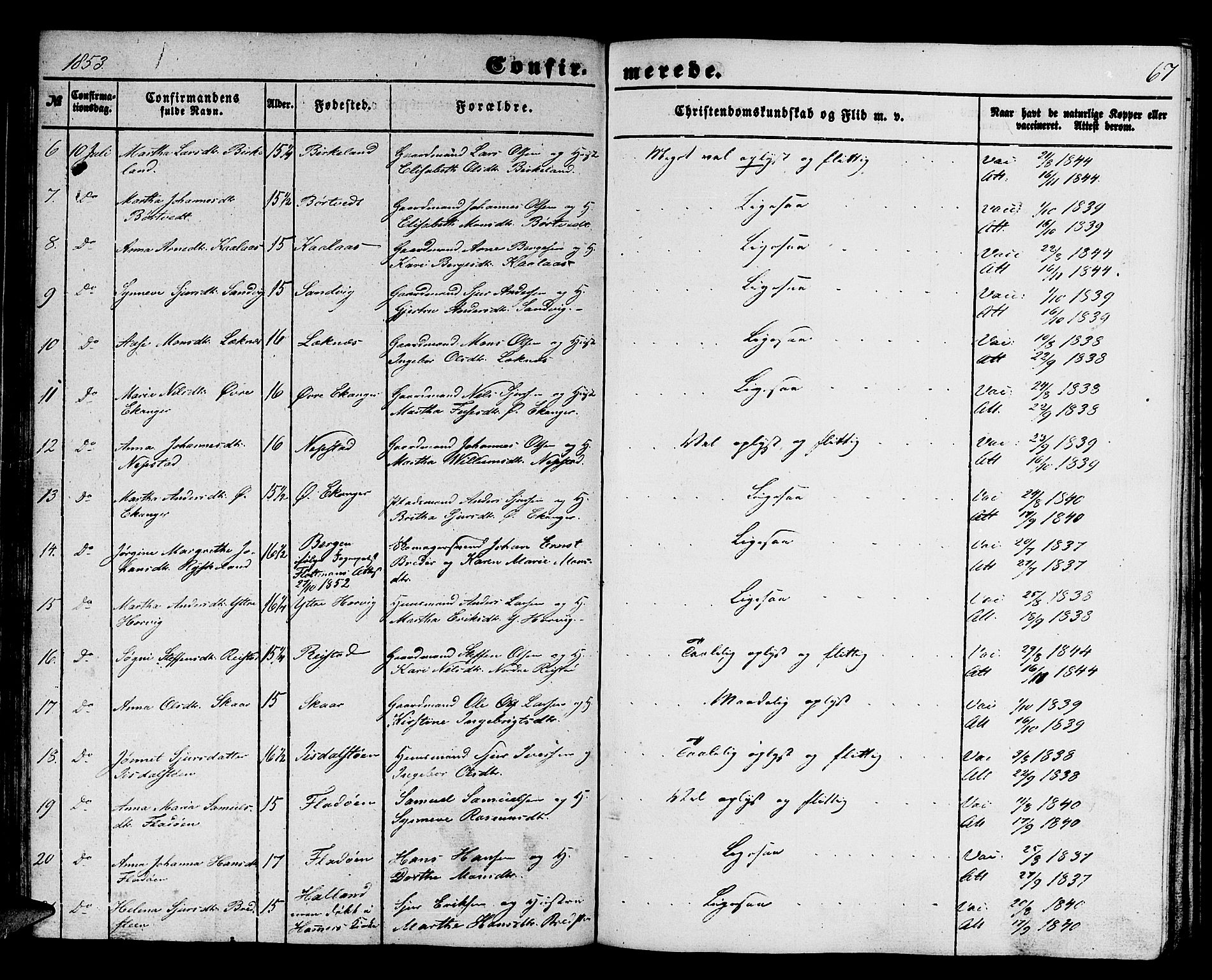 Hamre sokneprestembete, AV/SAB-A-75501/H/Ha/Hab: Parish register (copy) no. B 1, 1852-1863, p. 67