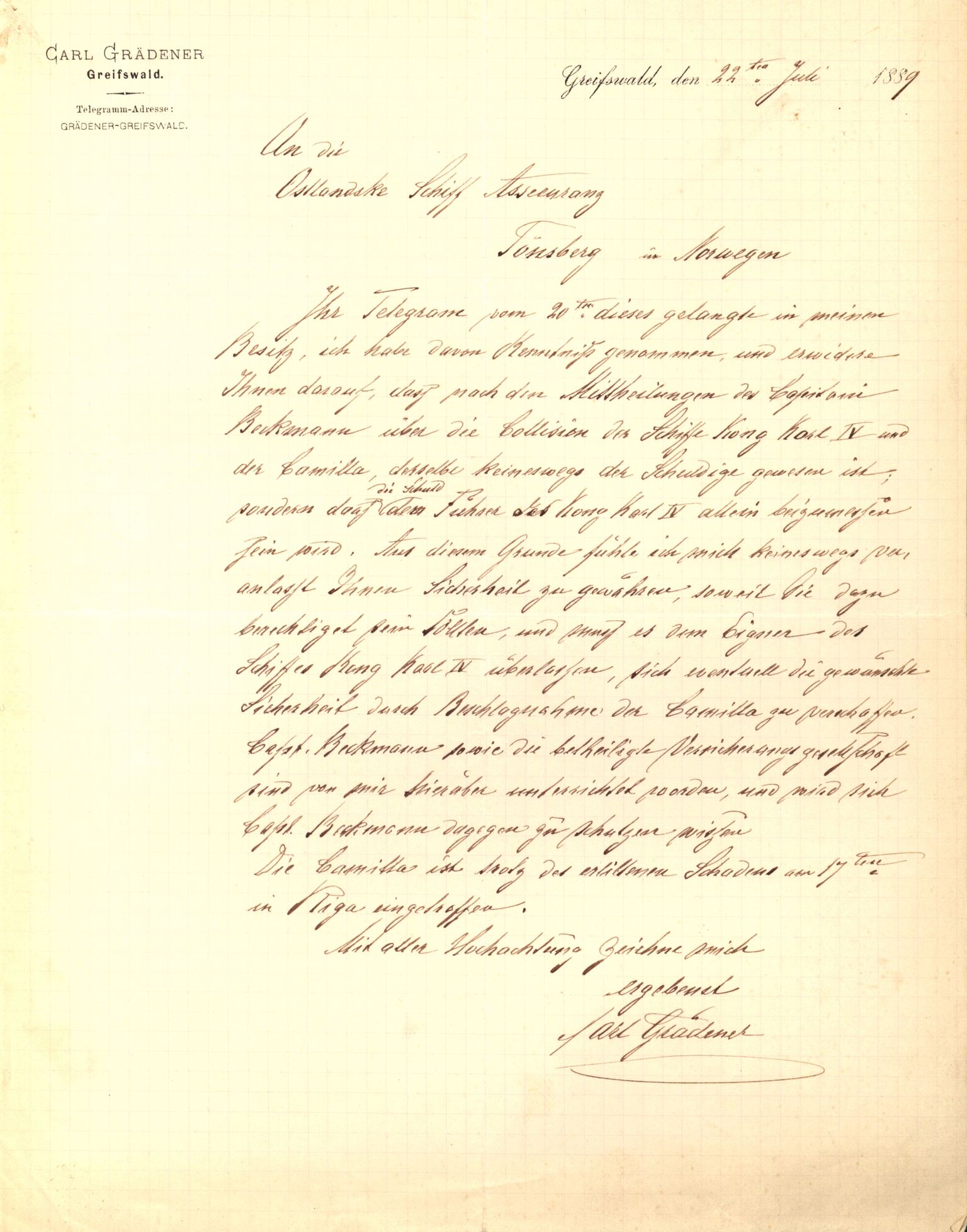 Pa 63 - Østlandske skibsassuranceforening, VEMU/A-1079/G/Ga/L0023/0012: Havaridokumenter / Columbus, Christiane Sophie, Marie, Jarlen, Kong Carl XV, 1889, p. 142