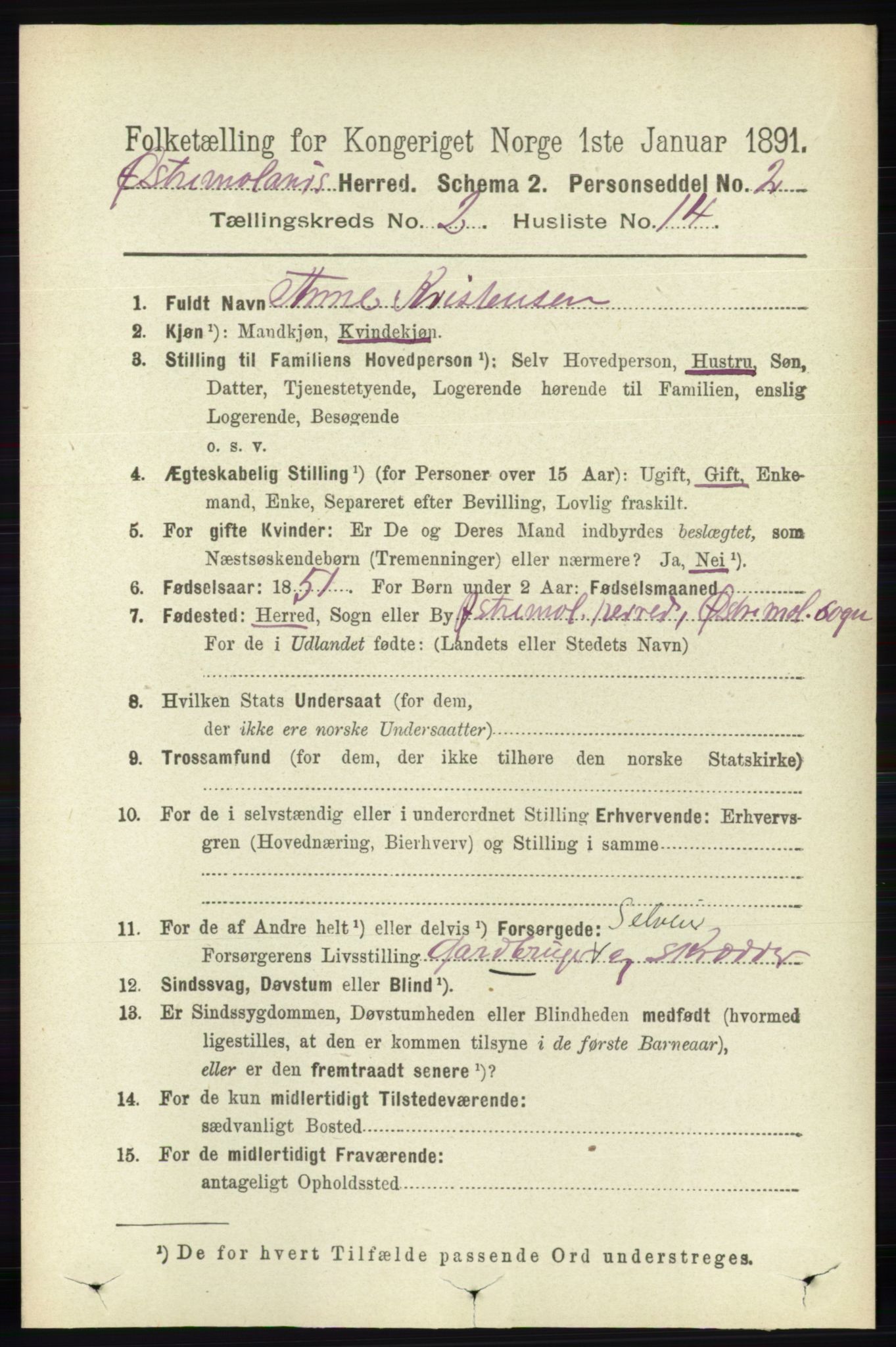 RA, 1891 census for 0918 Austre Moland, 1891, p. 765