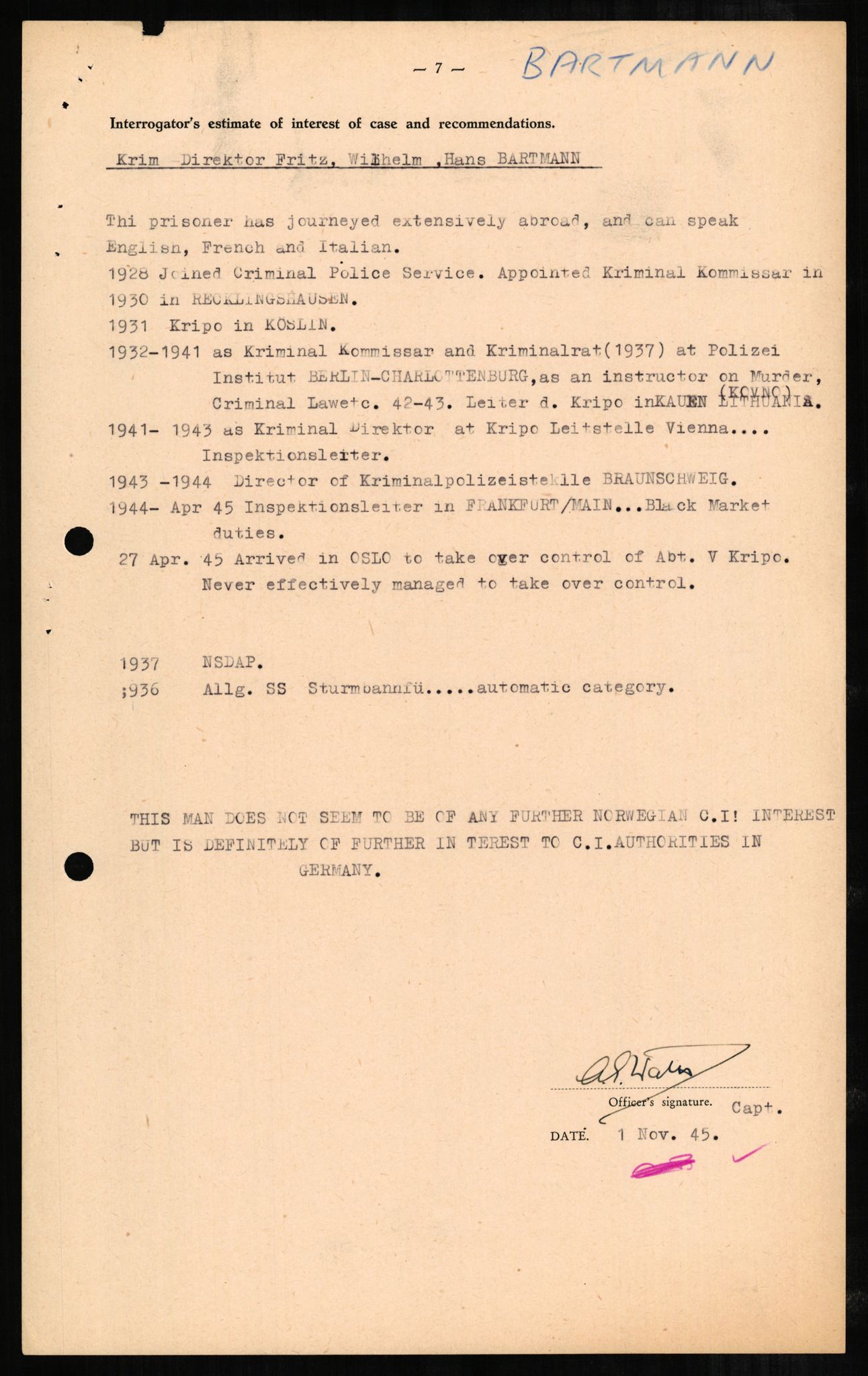 Forsvaret, Forsvarets overkommando II, RA/RAFA-3915/D/Db/L0002: CI Questionaires. Tyske okkupasjonsstyrker i Norge. Tyskere., 1945-1946, p. 170