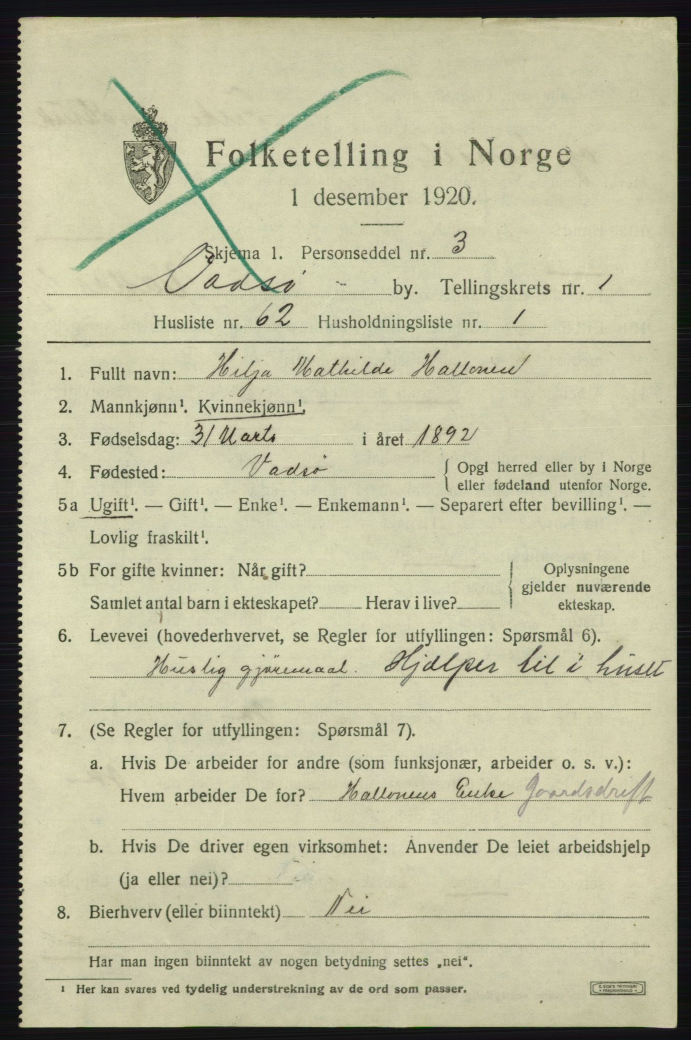 SATØ, 1920 census for Vadsø, 1920, p. 2225