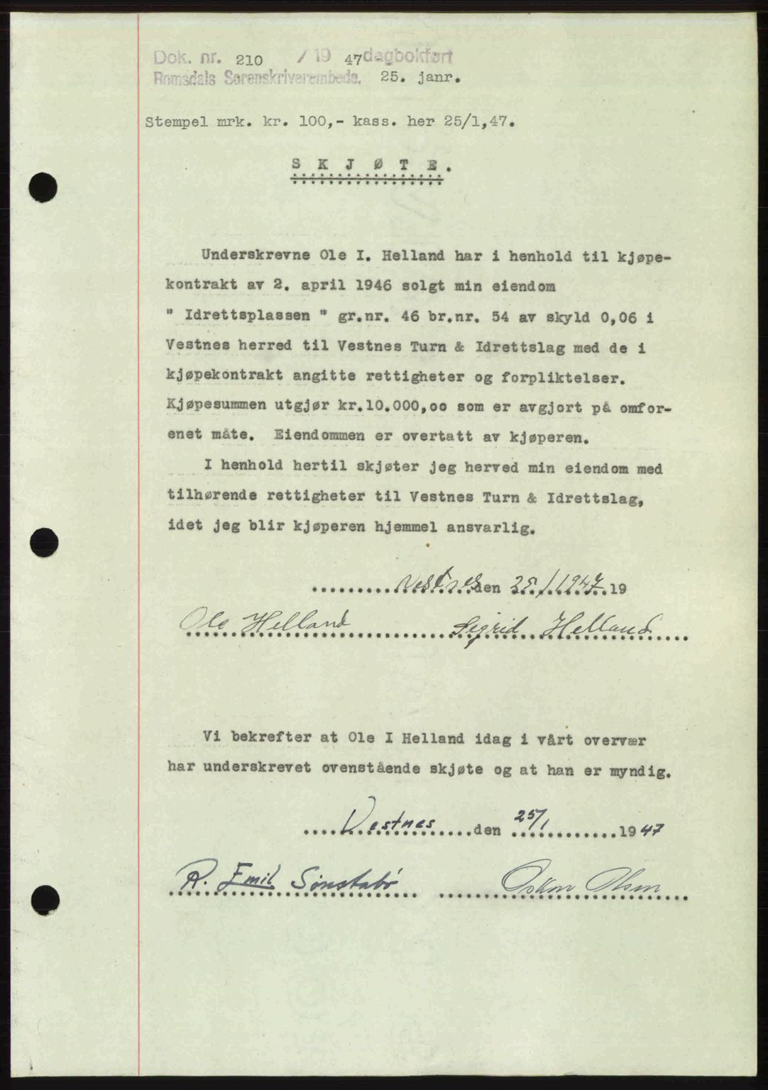 Romsdal sorenskriveri, AV/SAT-A-4149/1/2/2C: Mortgage book no. A22, 1947-1947, Diary no: : 210/1947