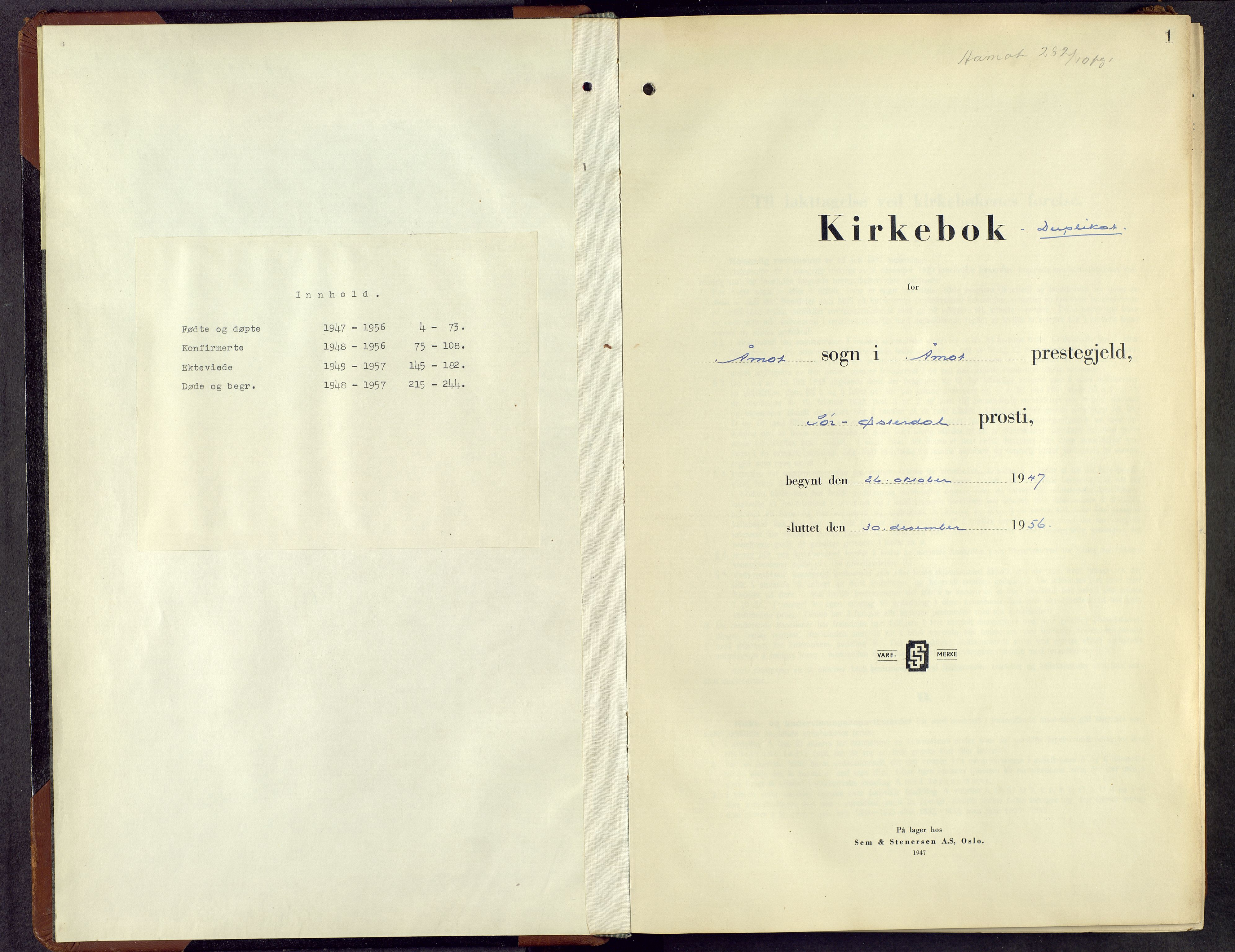 Åmot prestekontor, Hedmark, AV/SAH-PREST-056/H/Ha/Hab/L0010: Parish register (copy) no. 10, 1947-1956, p. 1