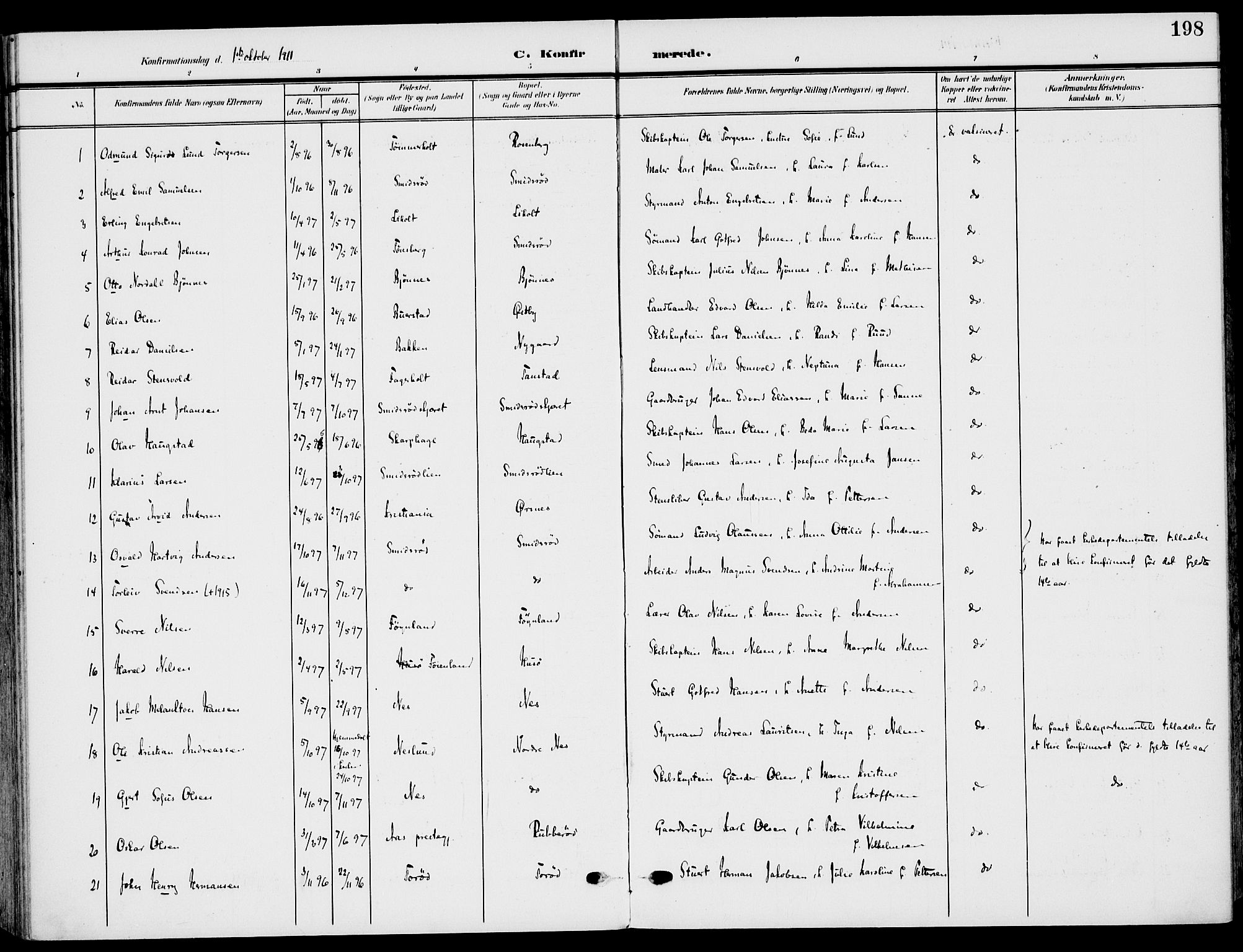 Nøtterøy kirkebøker, AV/SAKO-A-354/F/Fa/L0010: Parish register (official) no. I 10, 1908-1919, p. 198