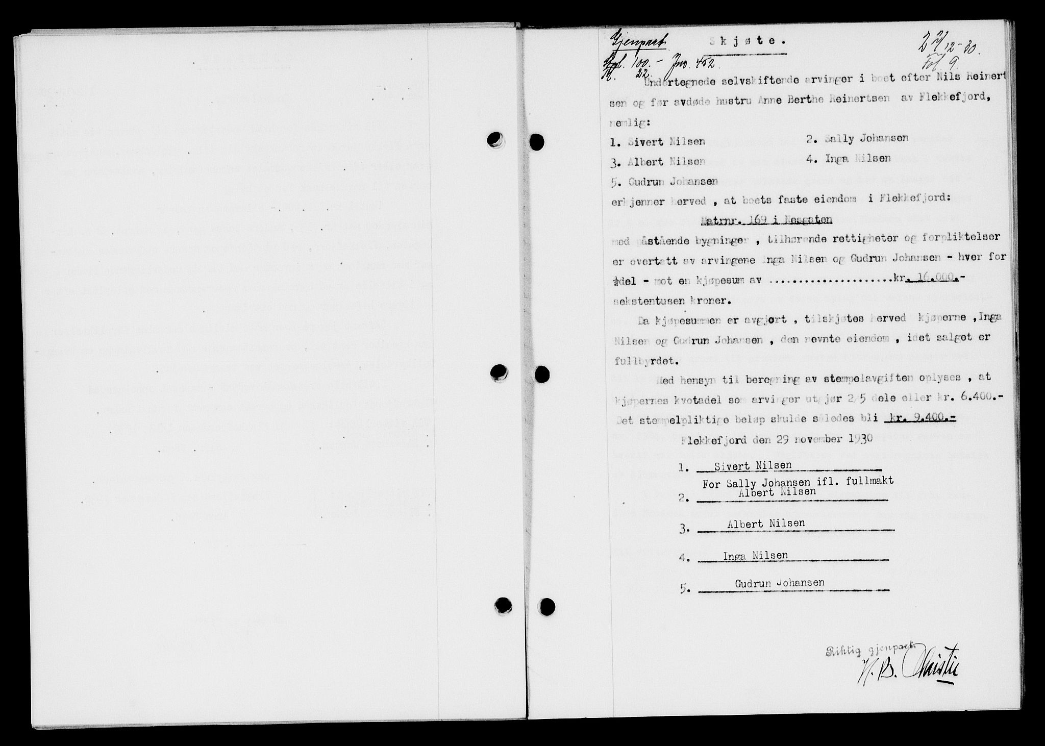 Flekkefjord sorenskriveri, AV/SAK-1221-0001/G/Gb/Gba/L0046: Mortgage book no. 44, 1930-1931, Deed date: 02.12.1930