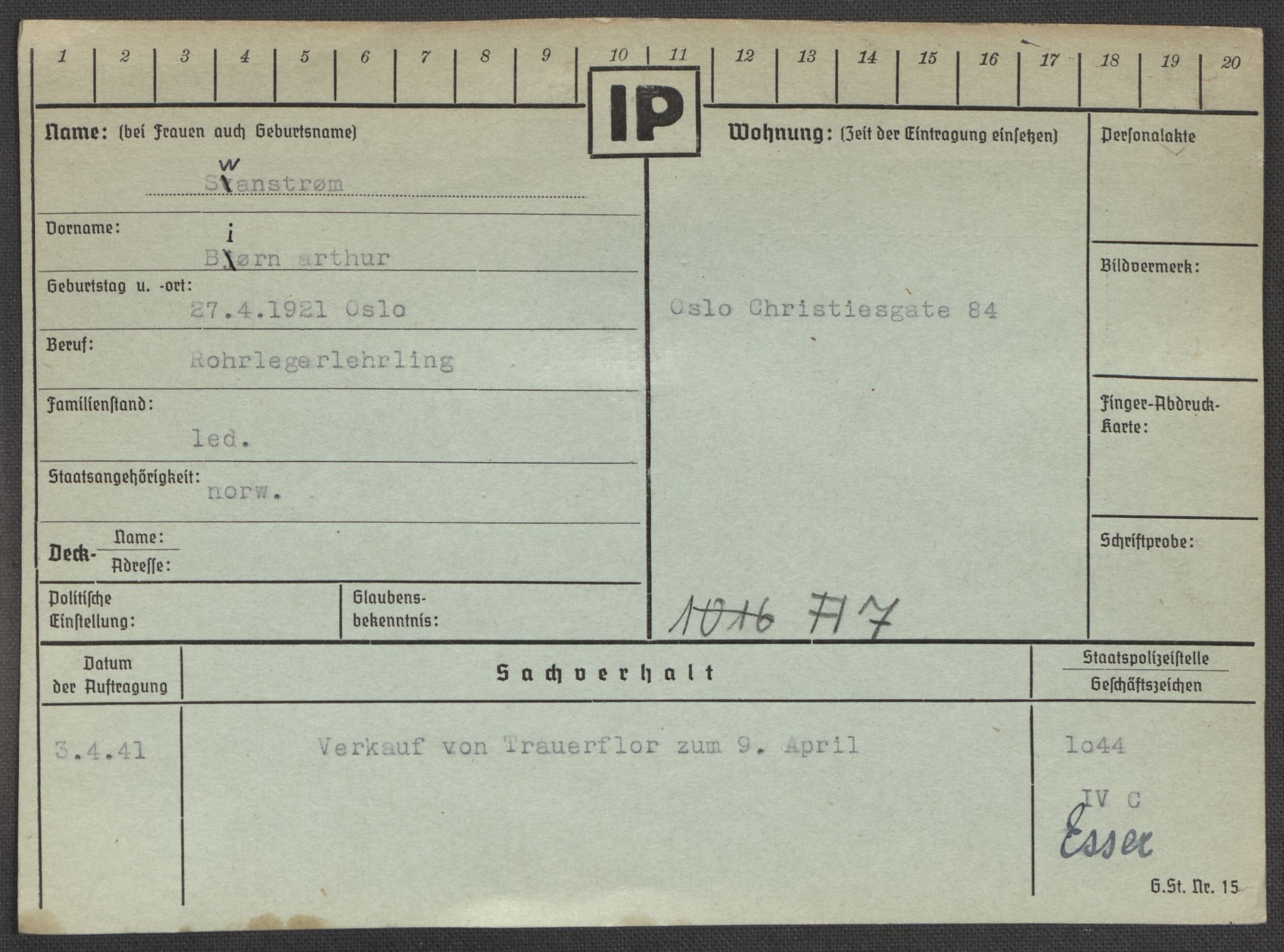 Befehlshaber der Sicherheitspolizei und des SD, RA/RAFA-5969/E/Ea/Eaa/L0009: Register over norske fanger i Møllergata 19: Ru-Sy, 1940-1945, p. 1600