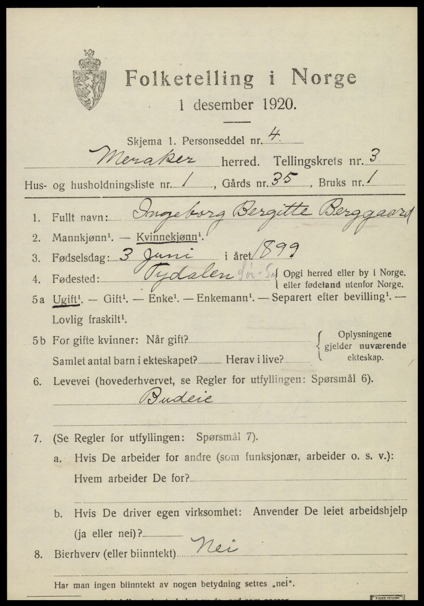 SAT, 1920 census for Meråker, 1920, p. 3100