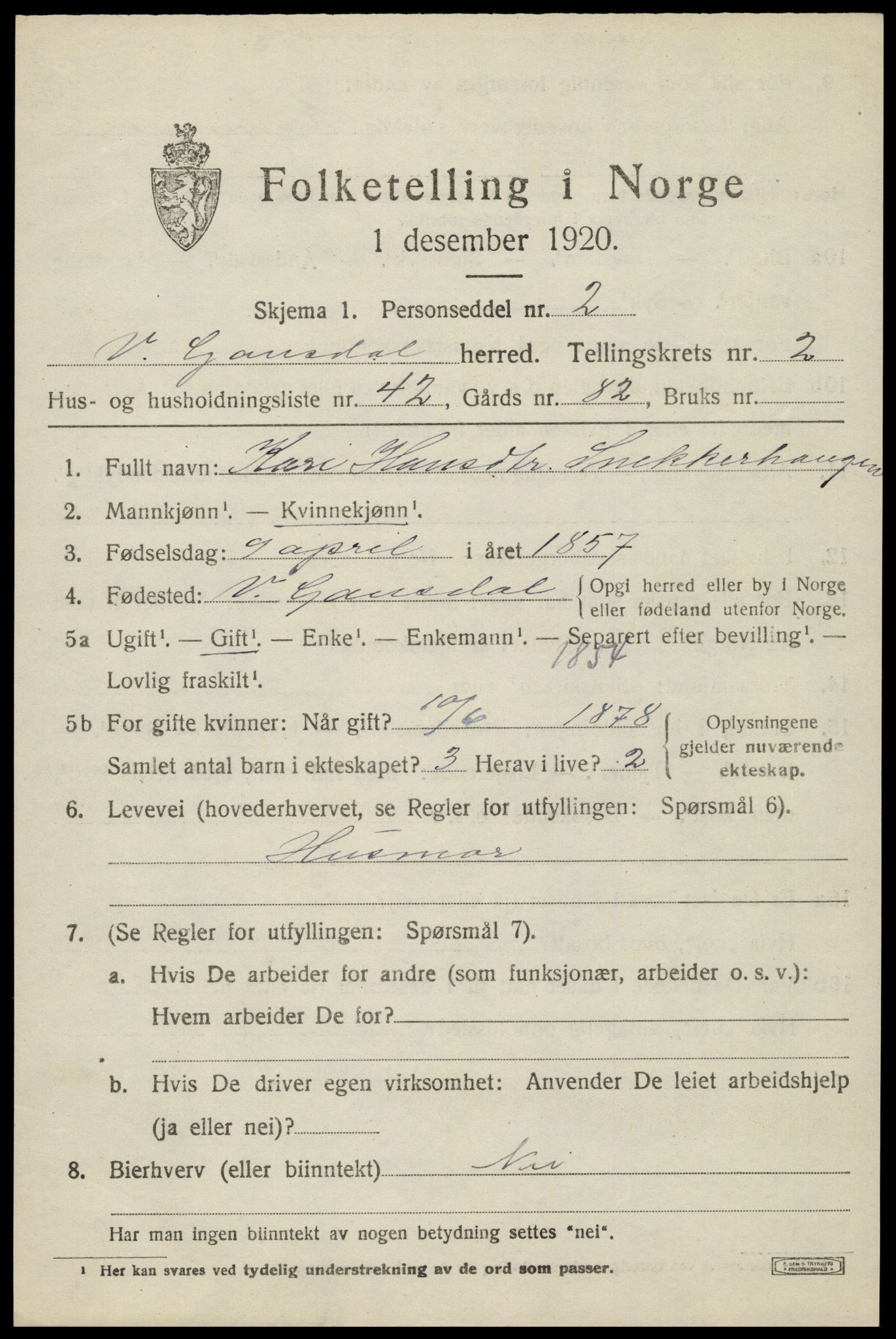 SAH, 1920 census for Vestre Gausdal, 1920, p. 2187