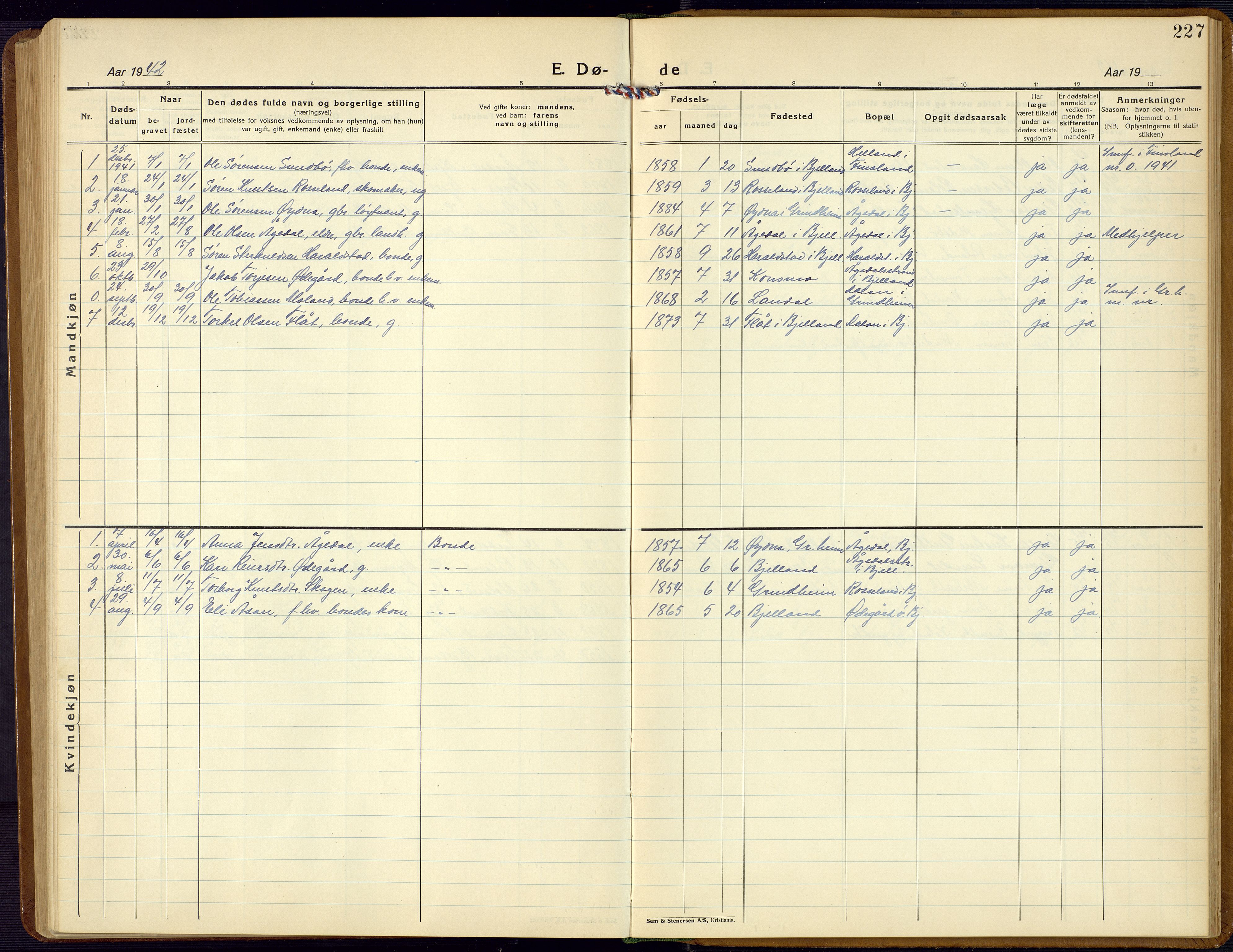 Bjelland sokneprestkontor, SAK/1111-0005/F/Fb/Fba/L0006: Parish register (copy) no. B 6, 1923-1956, p. 227