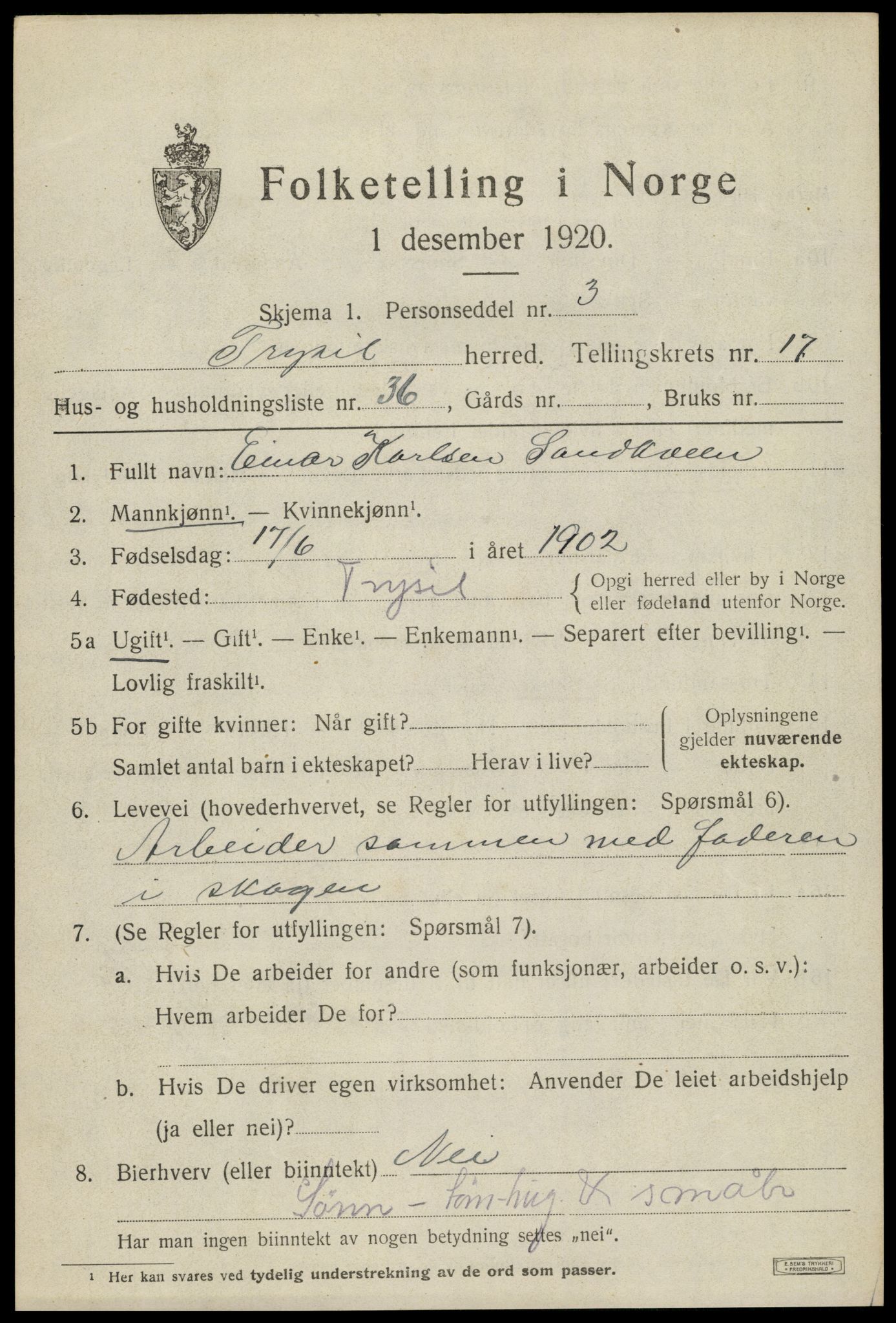 SAH, 1920 census for Trysil, 1920, p. 10611