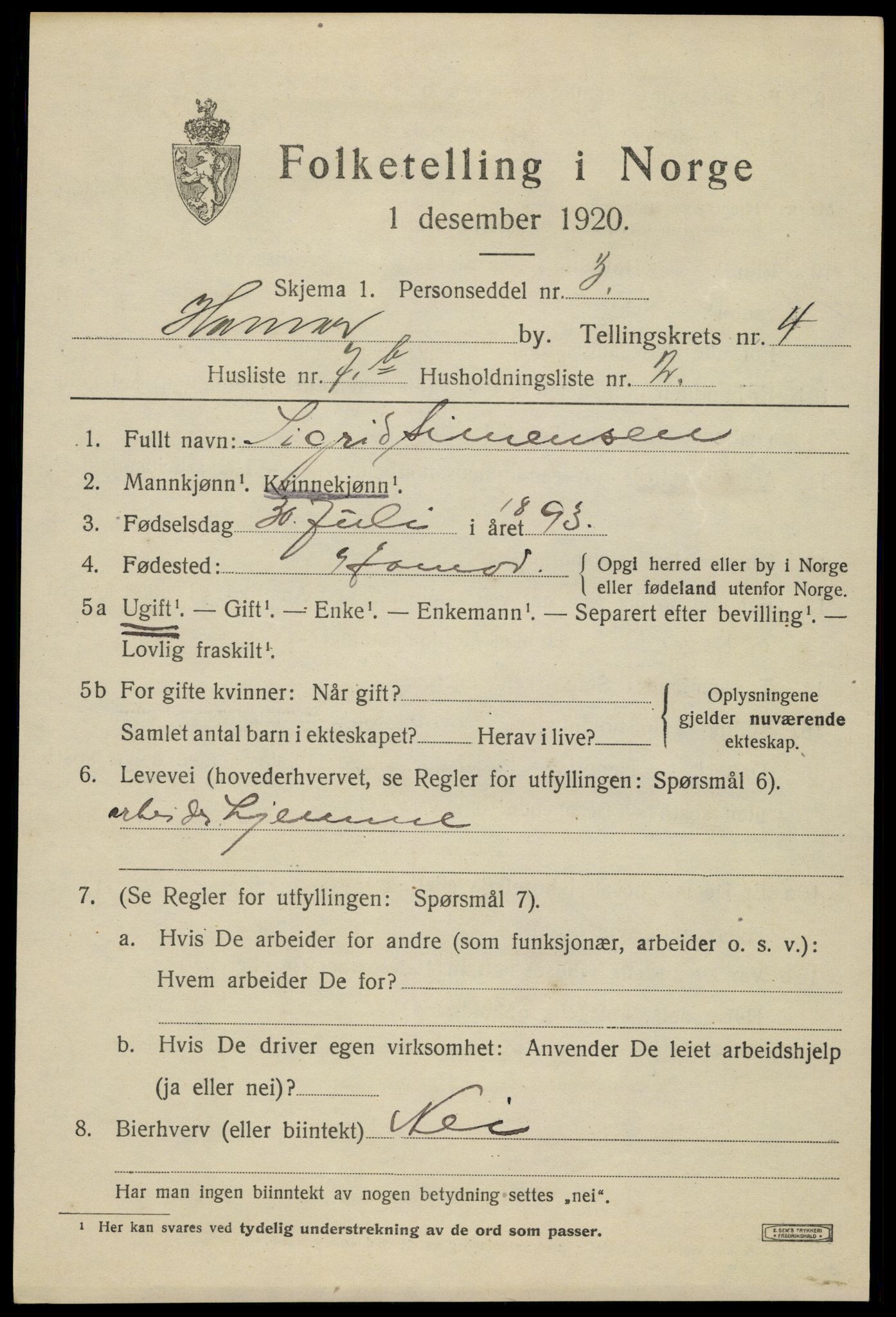 SAH, 1920 census for Hamar, 1920, p. 8123