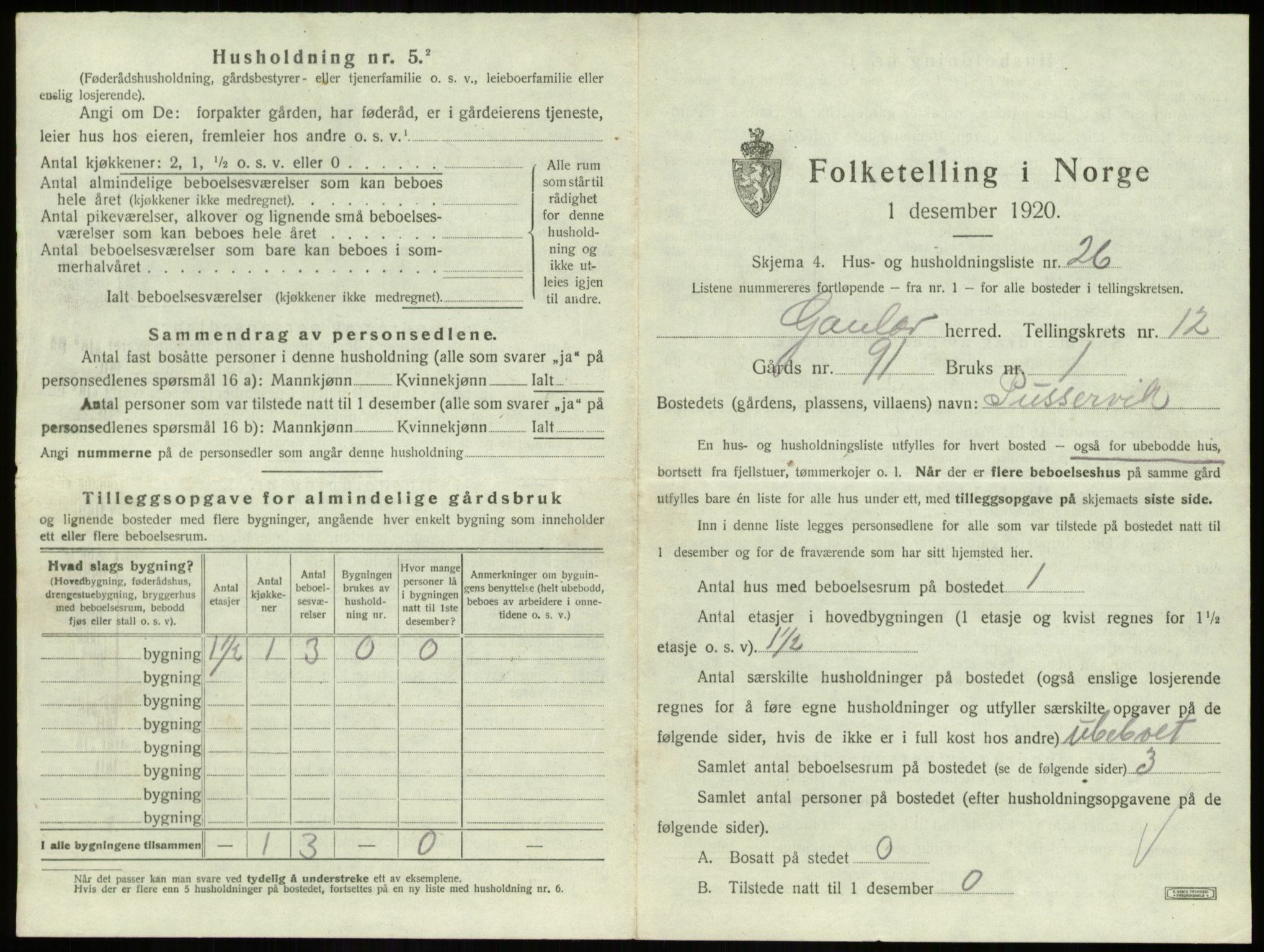 SAB, 1920 census for Gaular, 1920, p. 943