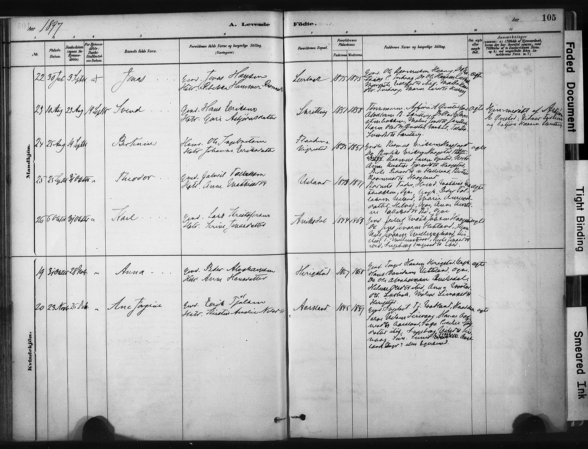 Hå sokneprestkontor, AV/SAST-A-101801/001/30BA/L0011: Parish register (official) no. A 10, 1879-1900, p. 105