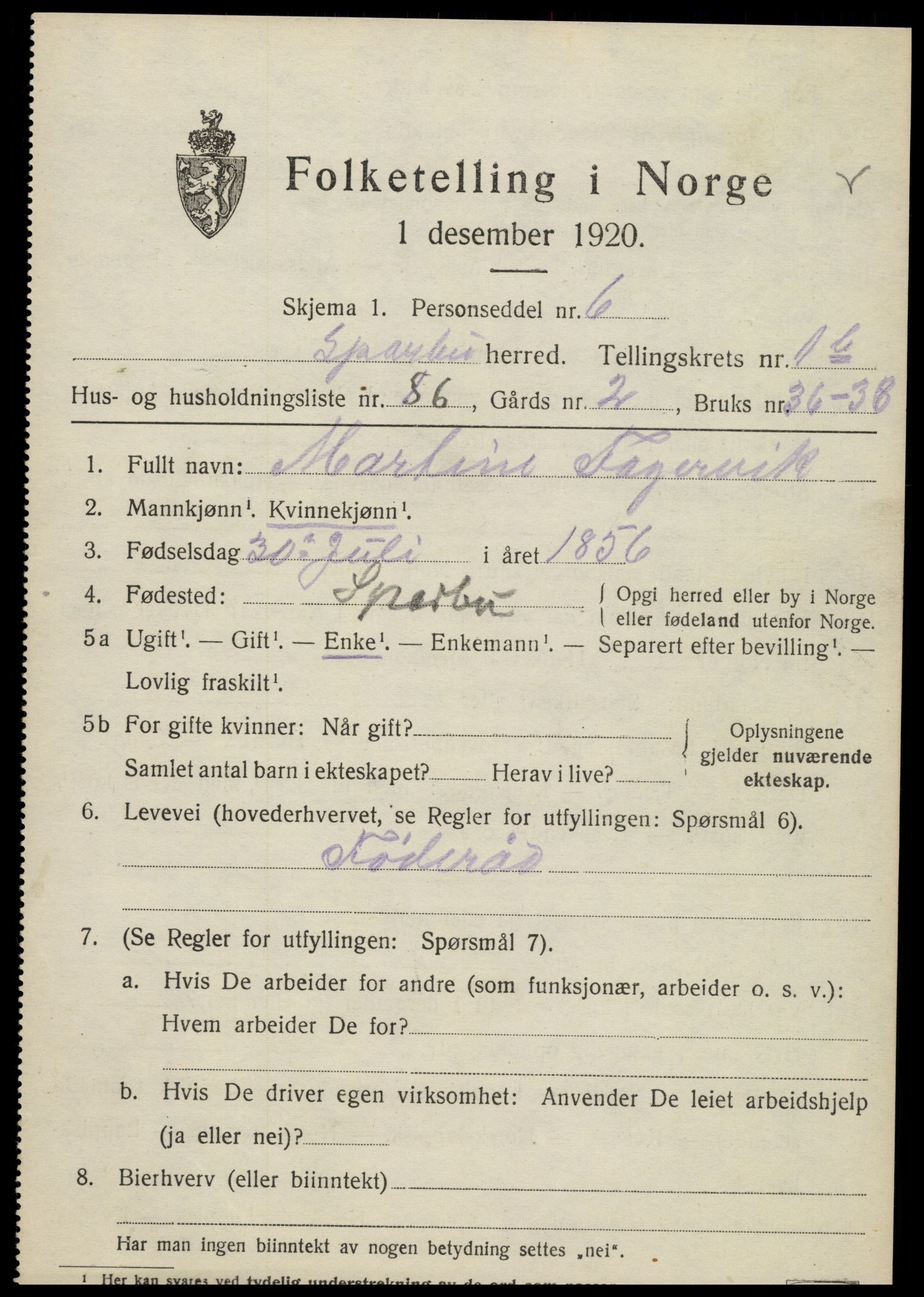 SAT, 1920 census for Sparbu, 1920, p. 3207