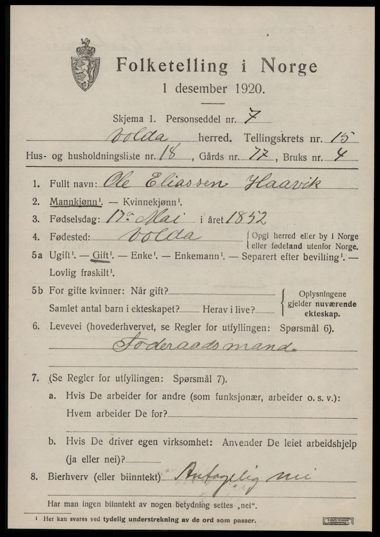 SAT, 1920 census for Volda, 1920, p. 9198