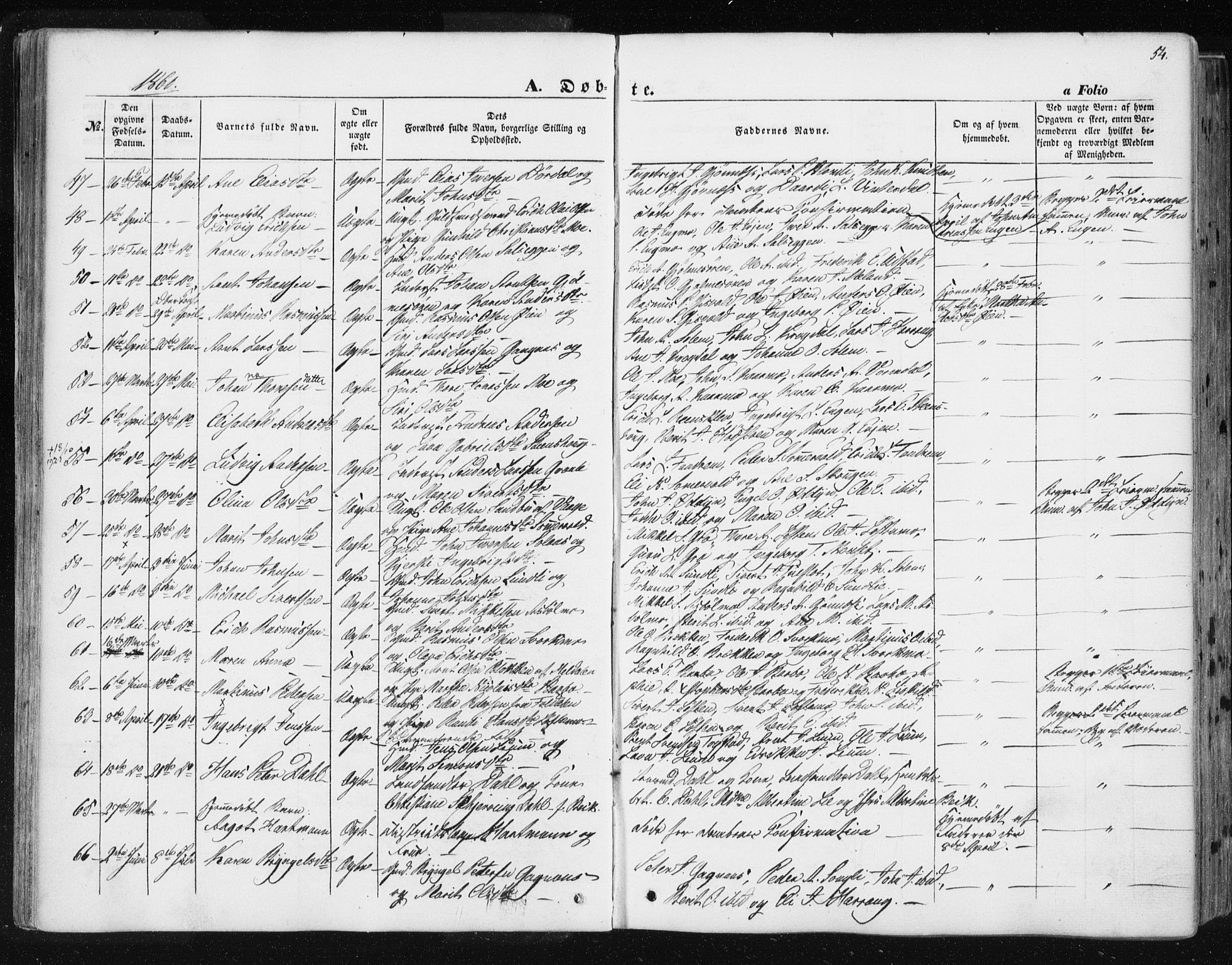 Ministerialprotokoller, klokkerbøker og fødselsregistre - Sør-Trøndelag, SAT/A-1456/668/L0806: Parish register (official) no. 668A06, 1854-1869, p. 54