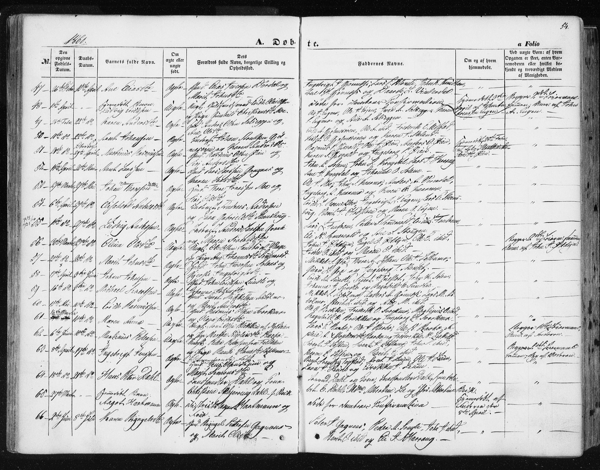 Ministerialprotokoller, klokkerbøker og fødselsregistre - Sør-Trøndelag, AV/SAT-A-1456/668/L0806: Parish register (official) no. 668A06, 1854-1869, p. 54