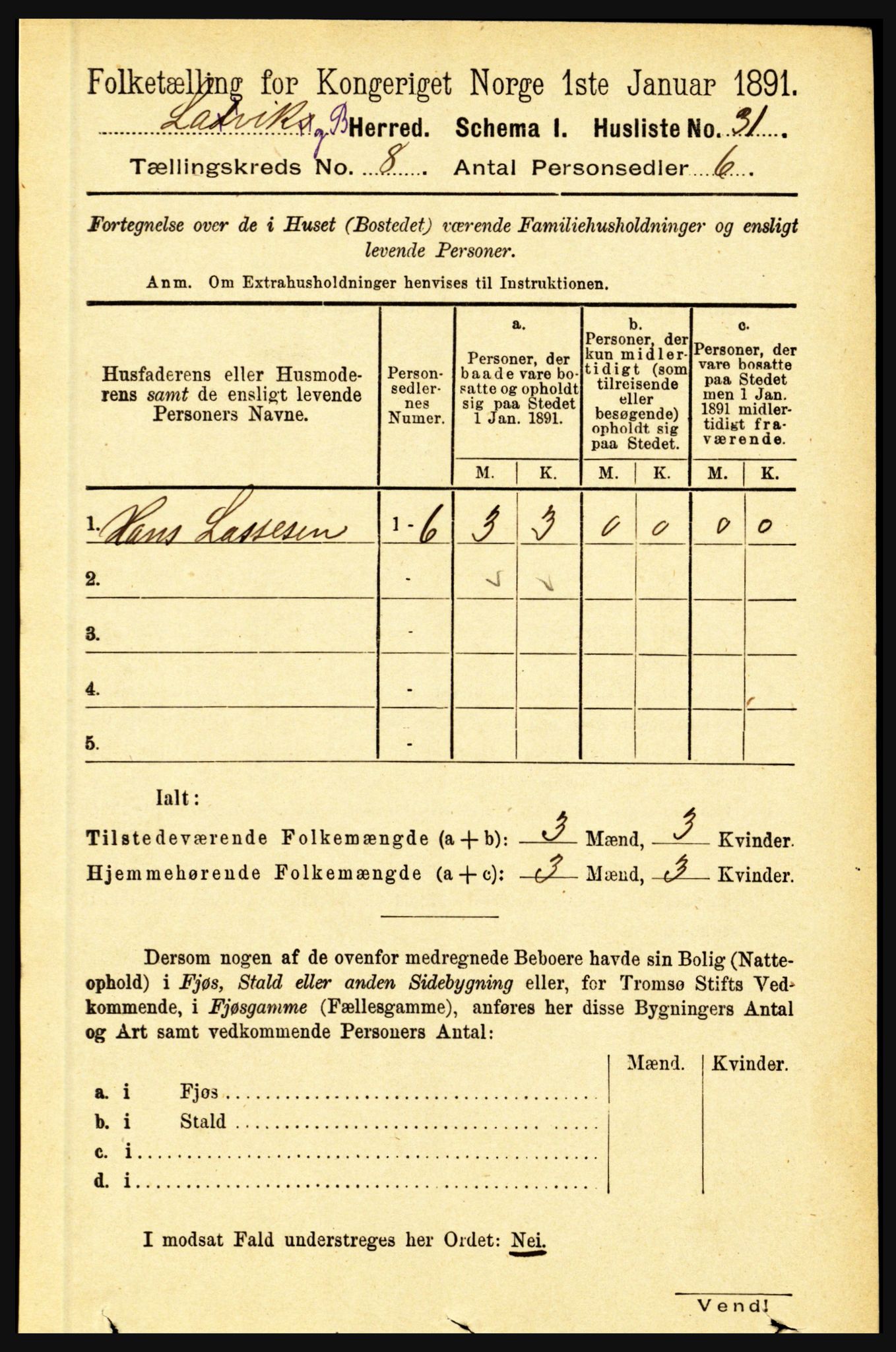 RA, 1891 census for 1415 Lavik og Brekke, 1891, p. 1493