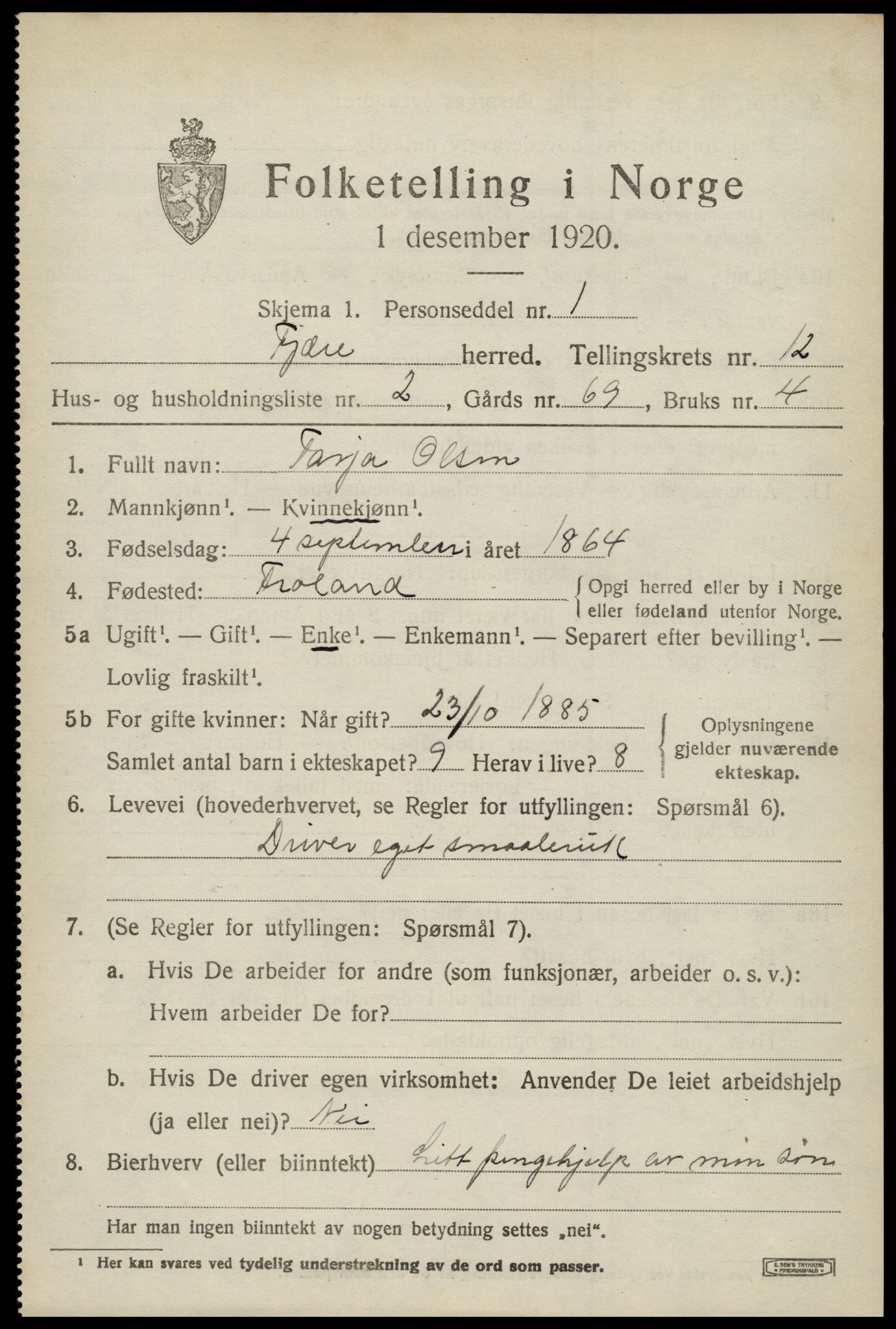 SAK, 1920 census for Fjære, 1920, p. 12187