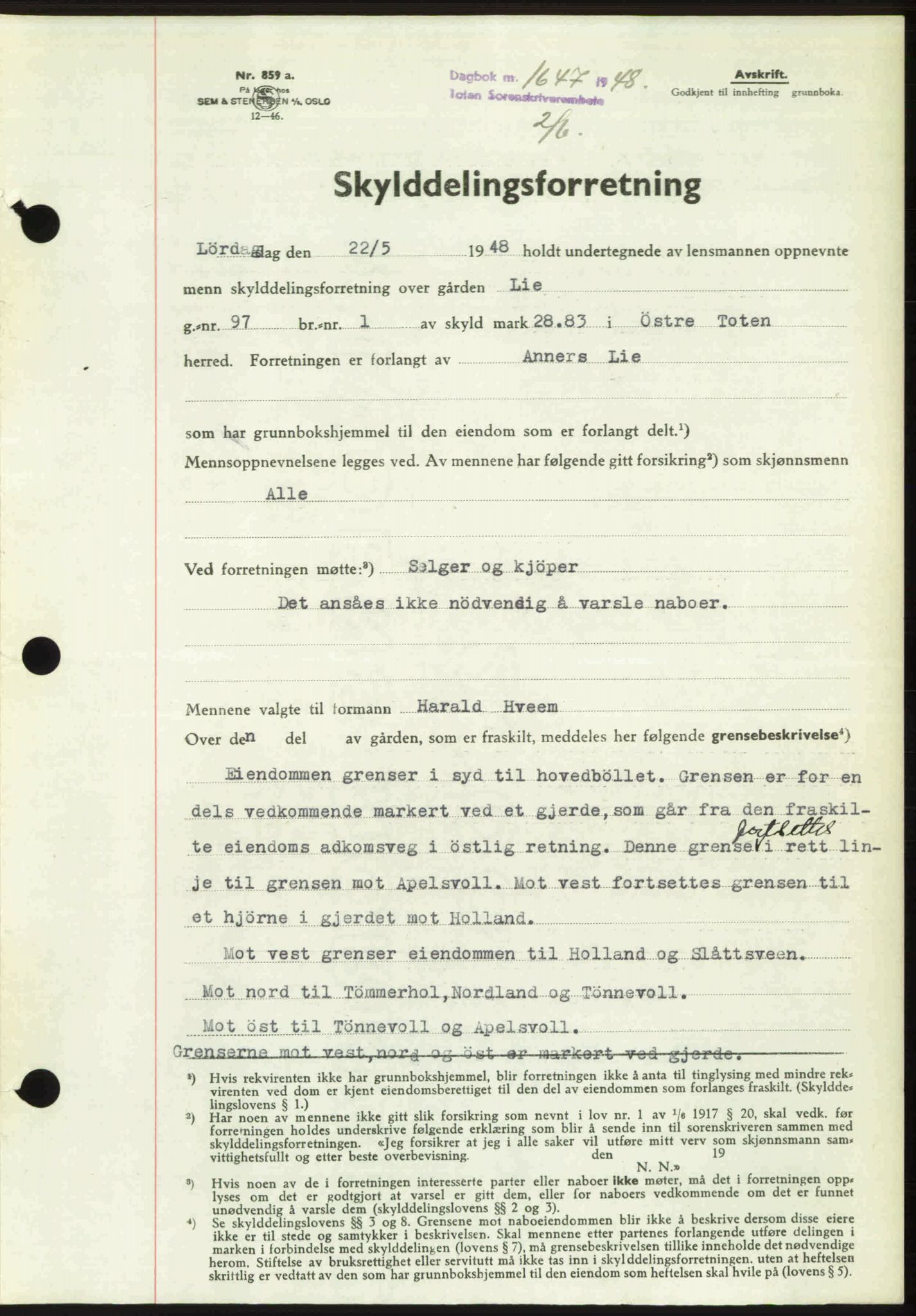 Toten tingrett, SAH/TING-006/H/Hb/Hbc/L0020: Mortgage book no. Hbc-20, 1948-1948, Diary no: : 1647/1948