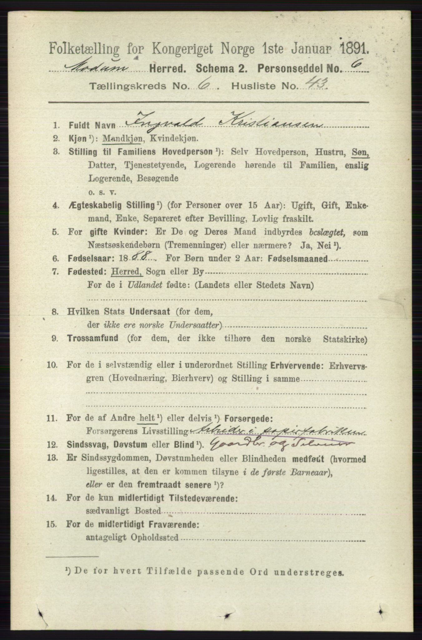 RA, 1891 census for 0623 Modum, 1891, p. 2554