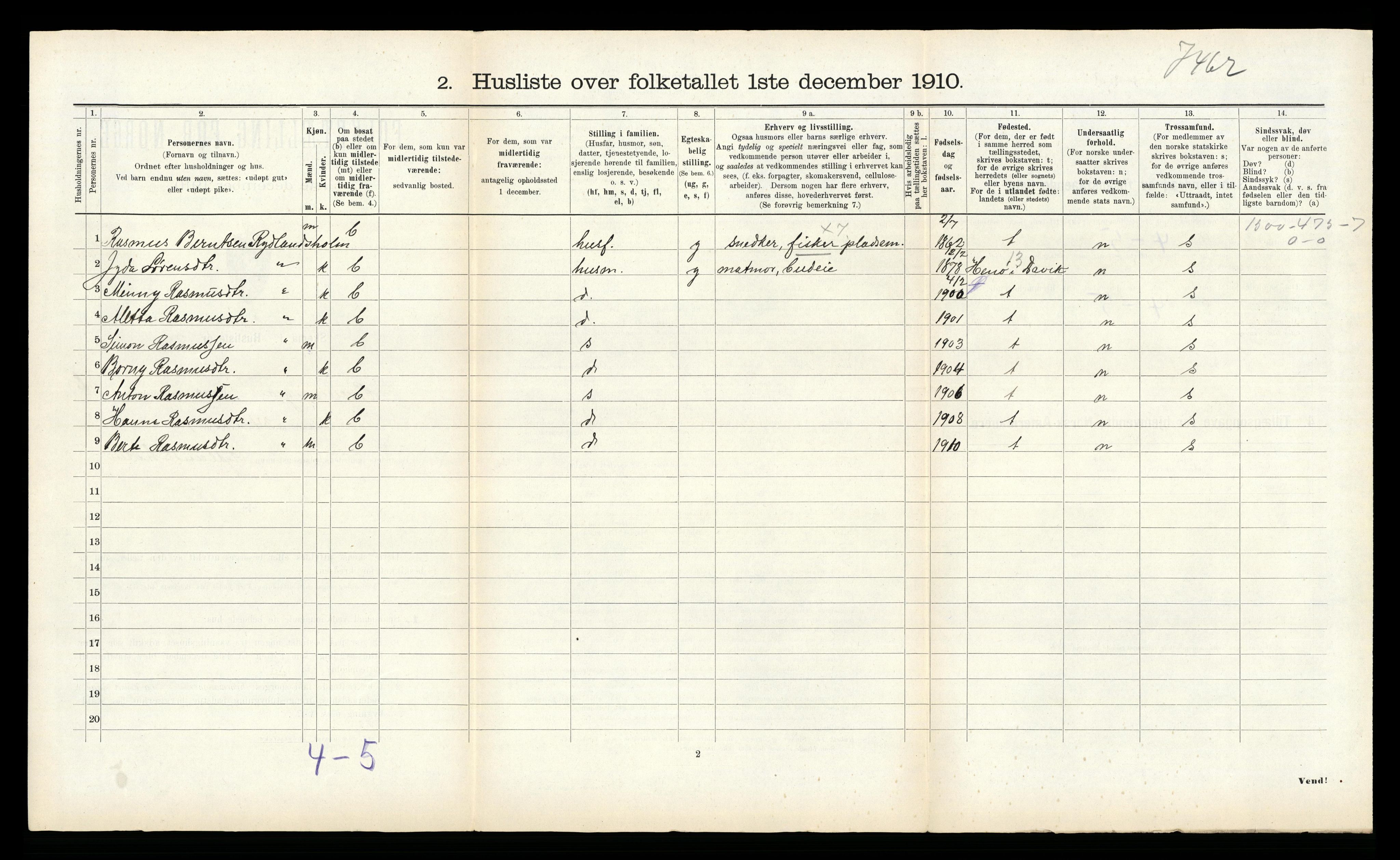 RA, 1910 census for Bremanger, 1910, p. 554