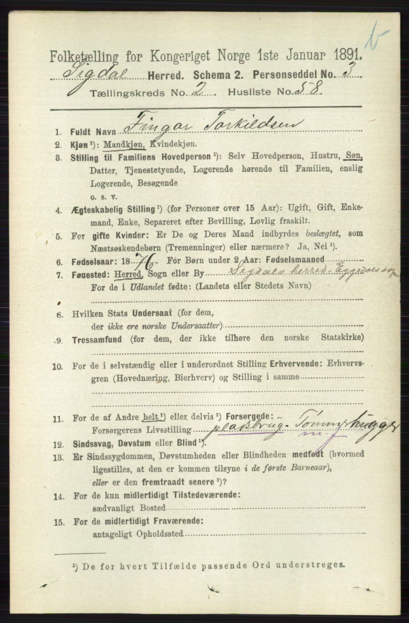 RA, 1891 census for 0621 Sigdal, 1891, p. 4238