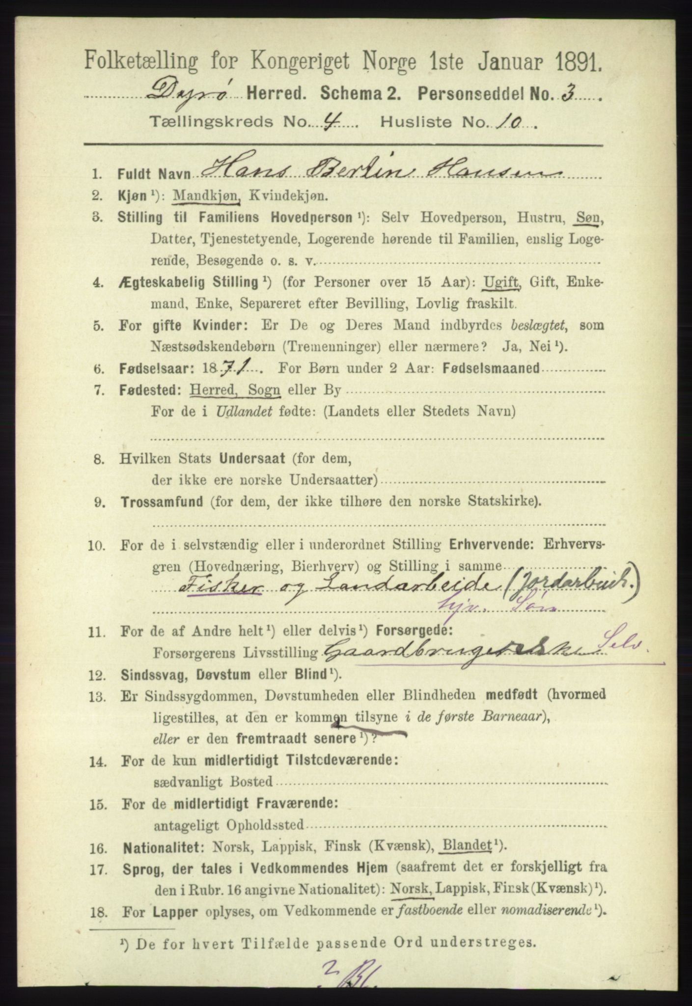 RA, 1891 census for 1926 Dyrøy, 1891, p. 1557