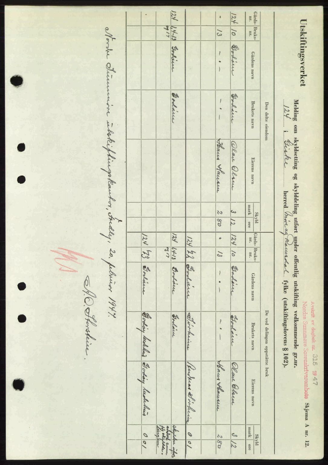 Nordre Sunnmøre sorenskriveri, AV/SAT-A-0006/1/2/2C/2Ca: Mortgage book no. A24, 1947-1947, Diary no: : 315/1947