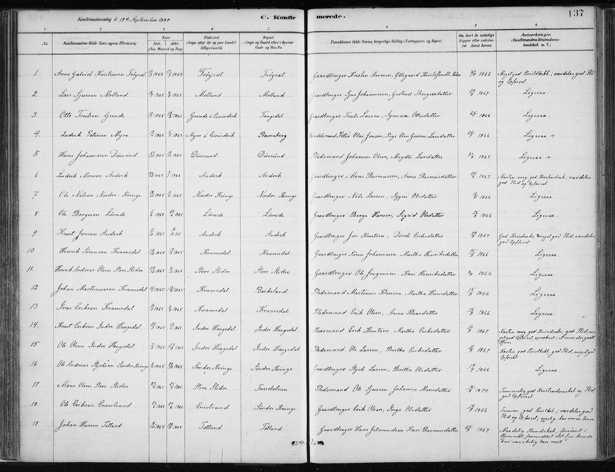 Masfjorden Sokneprestembete, AV/SAB-A-77001: Parish register (official) no. B  1, 1876-1899, p. 137