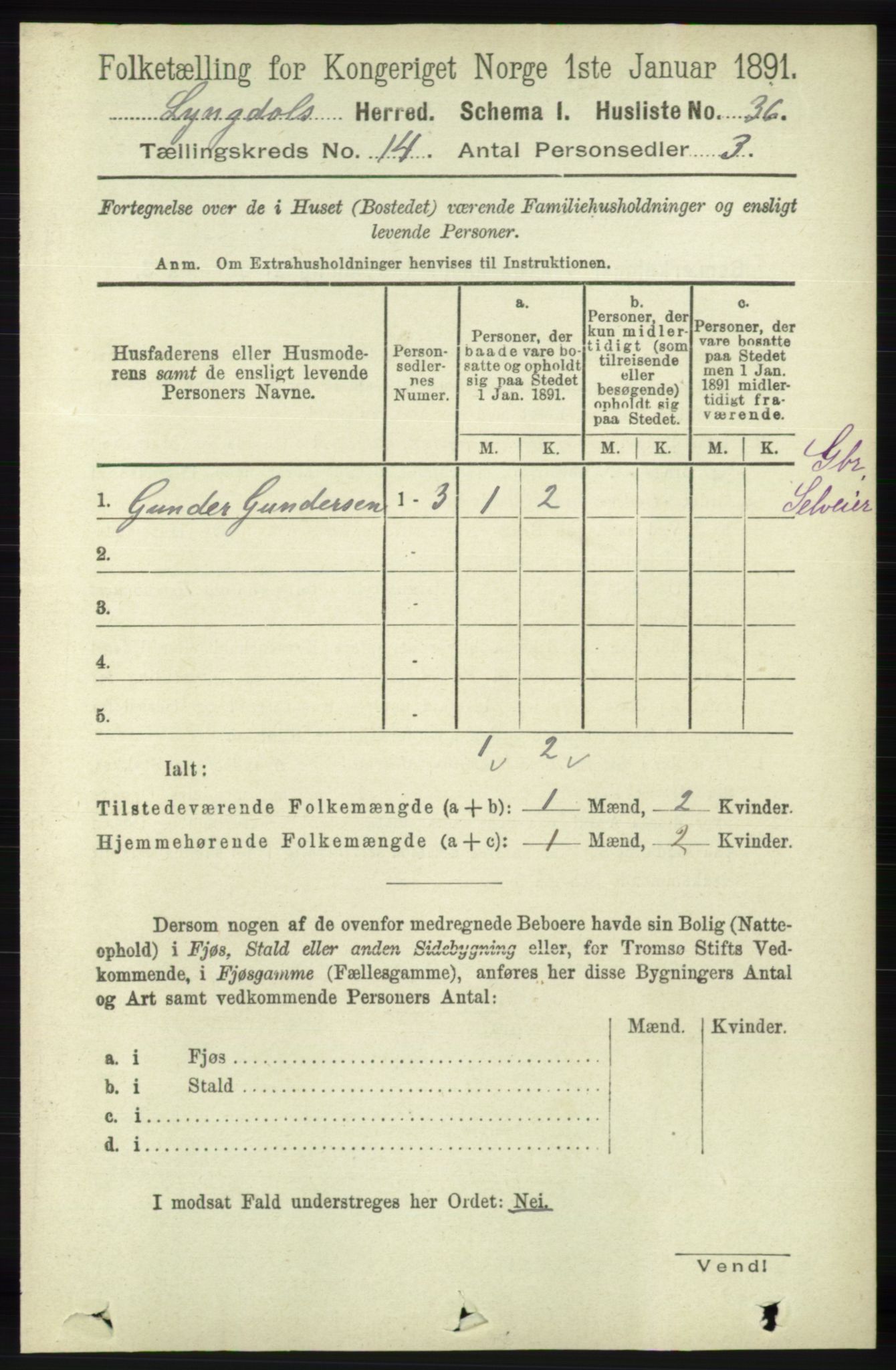 RA, 1891 census for 1032 Lyngdal, 1891, p. 5842