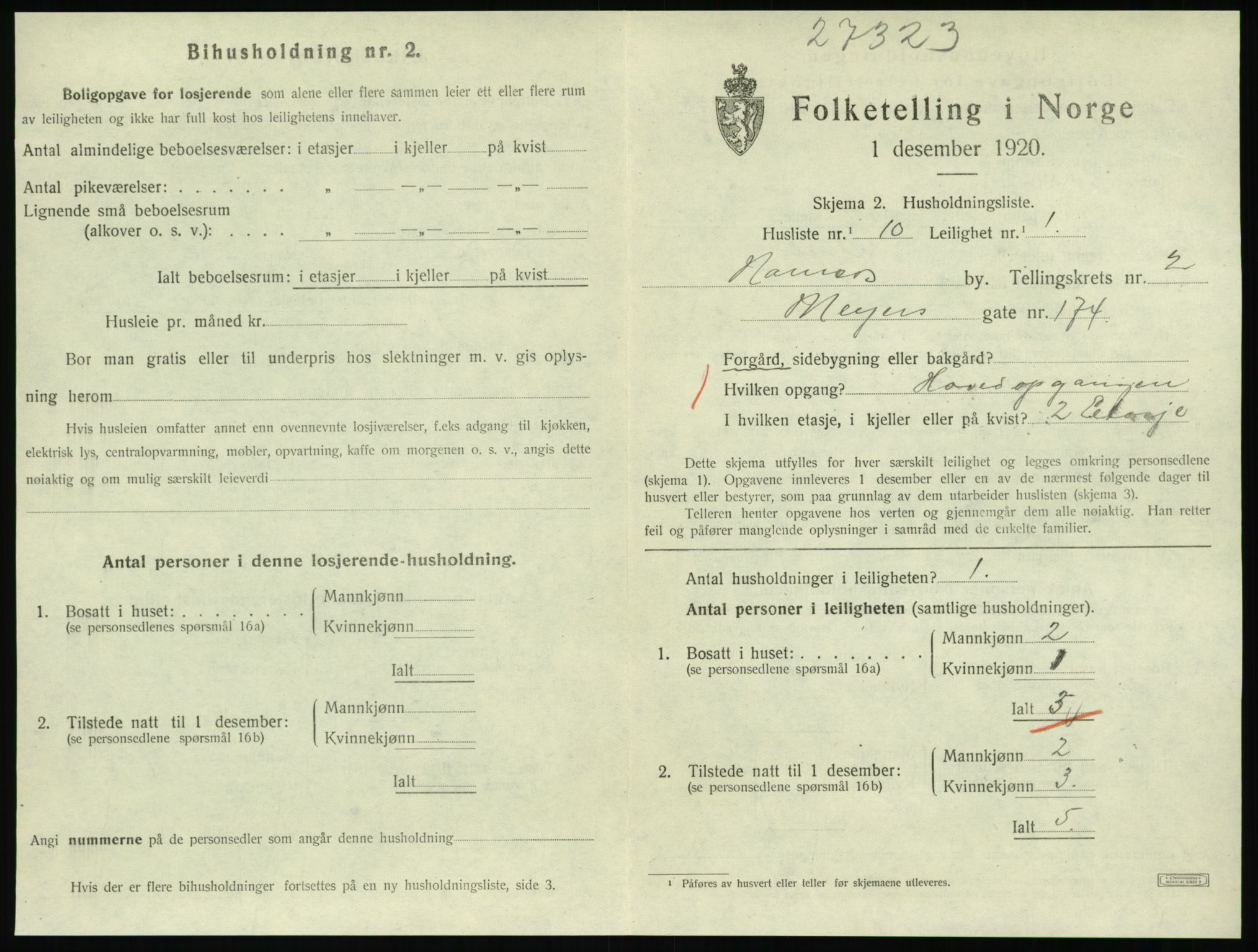 SAT, 1920 census for Namsos, 1920, p. 1009