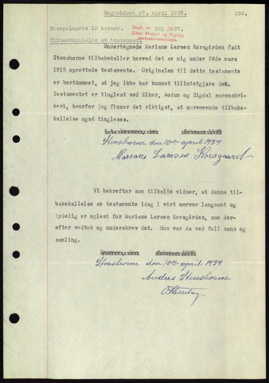 Eiker, Modum og Sigdal sorenskriveri, SAKO/A-123/G/Ga/Gab/L0035: Mortgage book no. A5, 1937-1937, Diary no: : 921/1937