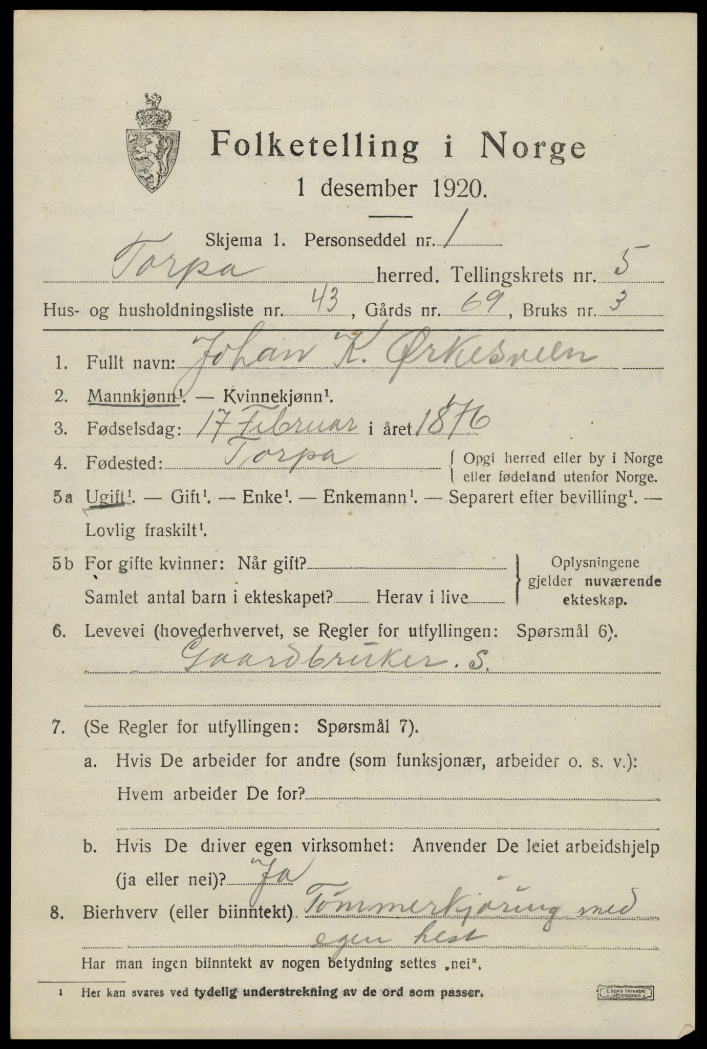 SAH, 1920 census for Torpa, 1920, p. 3975