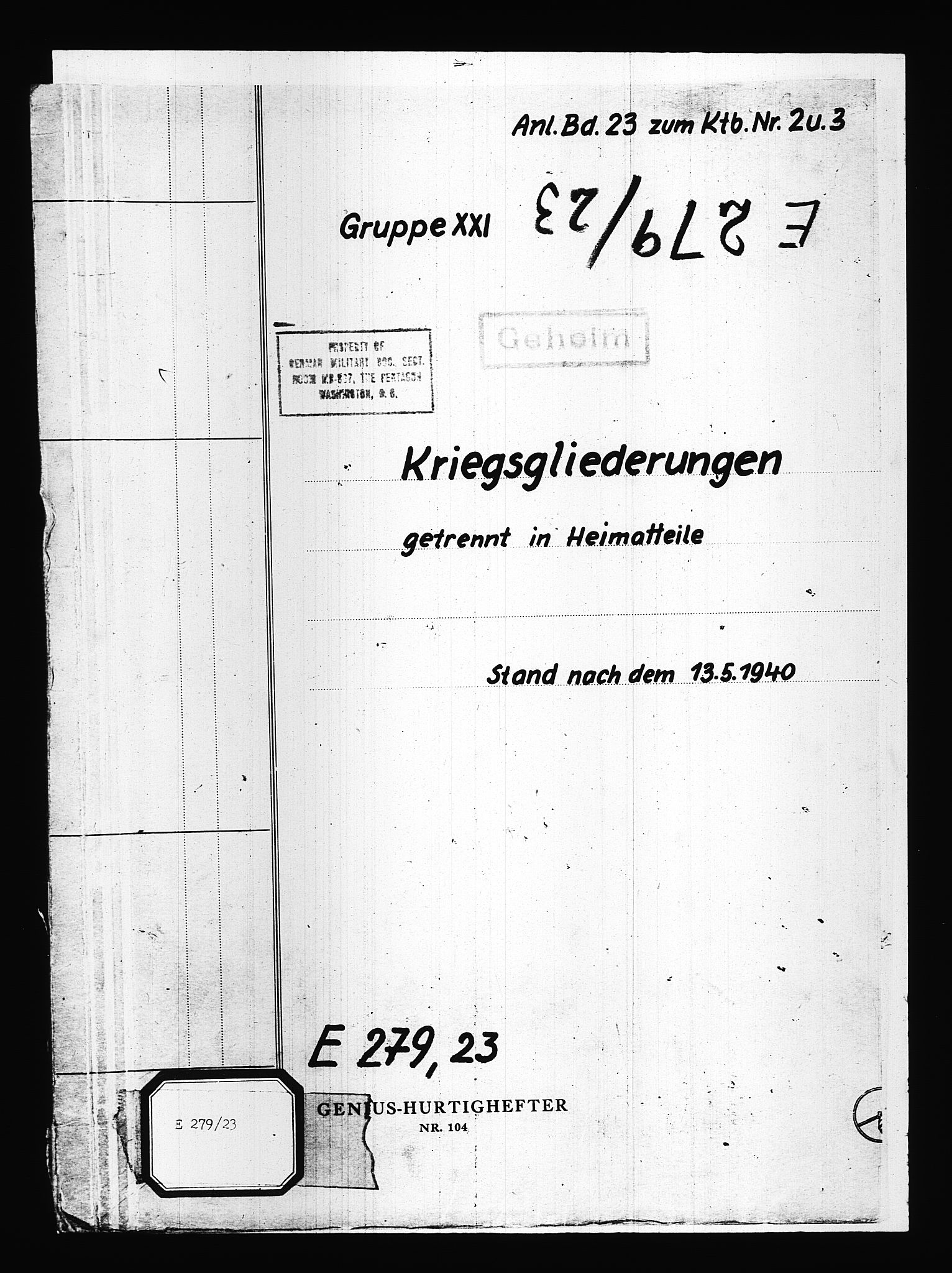 Documents Section, RA/RAFA-2200/V/L0083: Amerikansk mikrofilm "Captured German Documents".
Box No. 722.  FKA jnr. 615/1954., 1940, p. 480