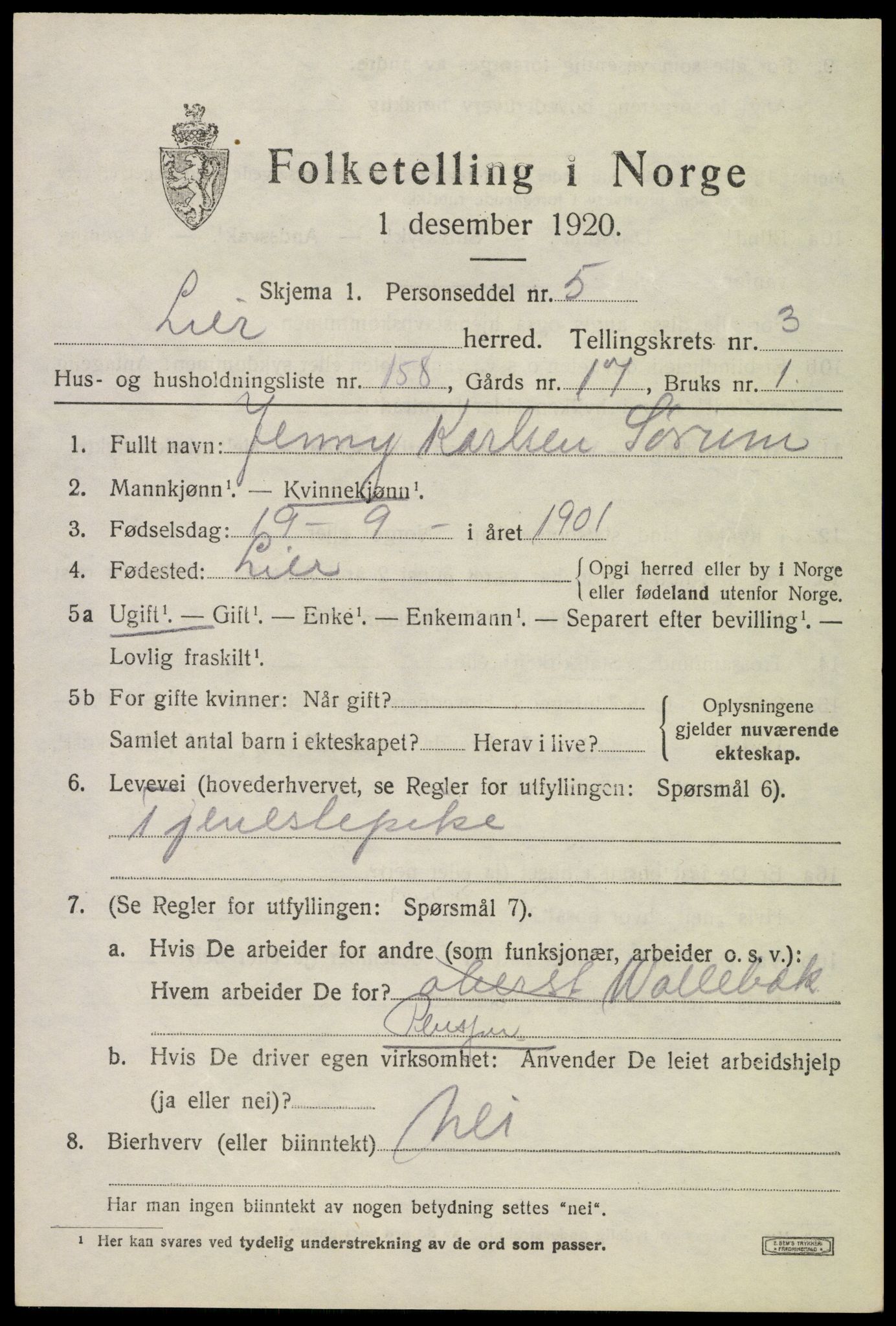 SAKO, 1920 census for Lier, 1920, p. 9668