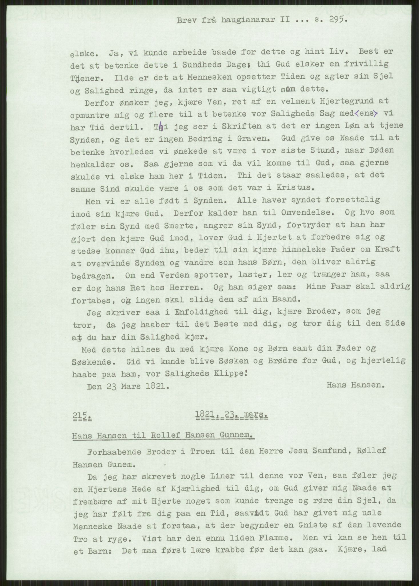 Samlinger til kildeutgivelse, Haugianerbrev, AV/RA-EA-6834/F/L0002: Haugianerbrev II: 1805-1821, 1805-1821, p. 295