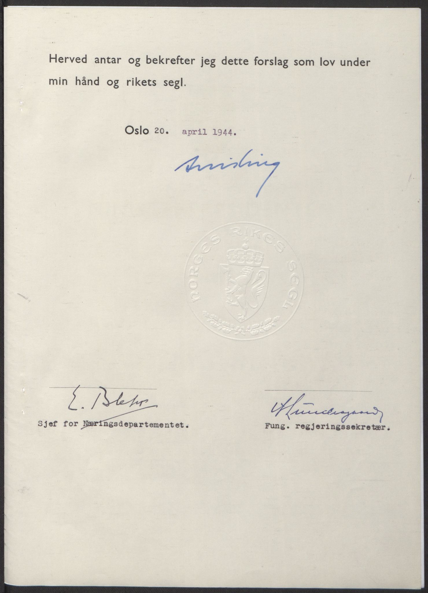 NS-administrasjonen 1940-1945 (Statsrådsekretariatet, de kommisariske statsråder mm), AV/RA-S-4279/D/Db/L0100: Lover, 1944, p. 180