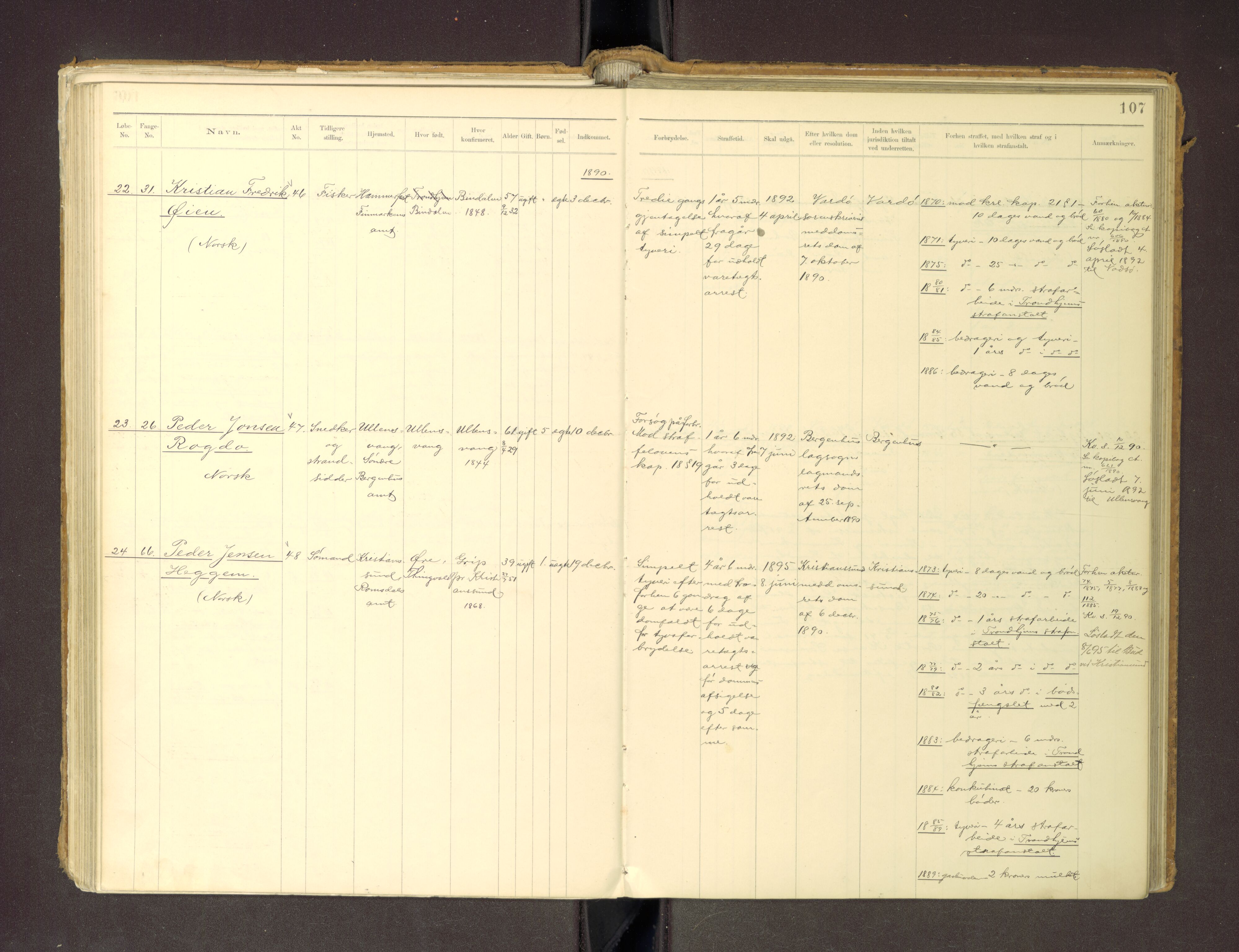 Trondheim tukthus, SAT/A-4619/05/65/L0036: 65.36 Fangeprotokoll m/reg, 1885-1898, p. 107