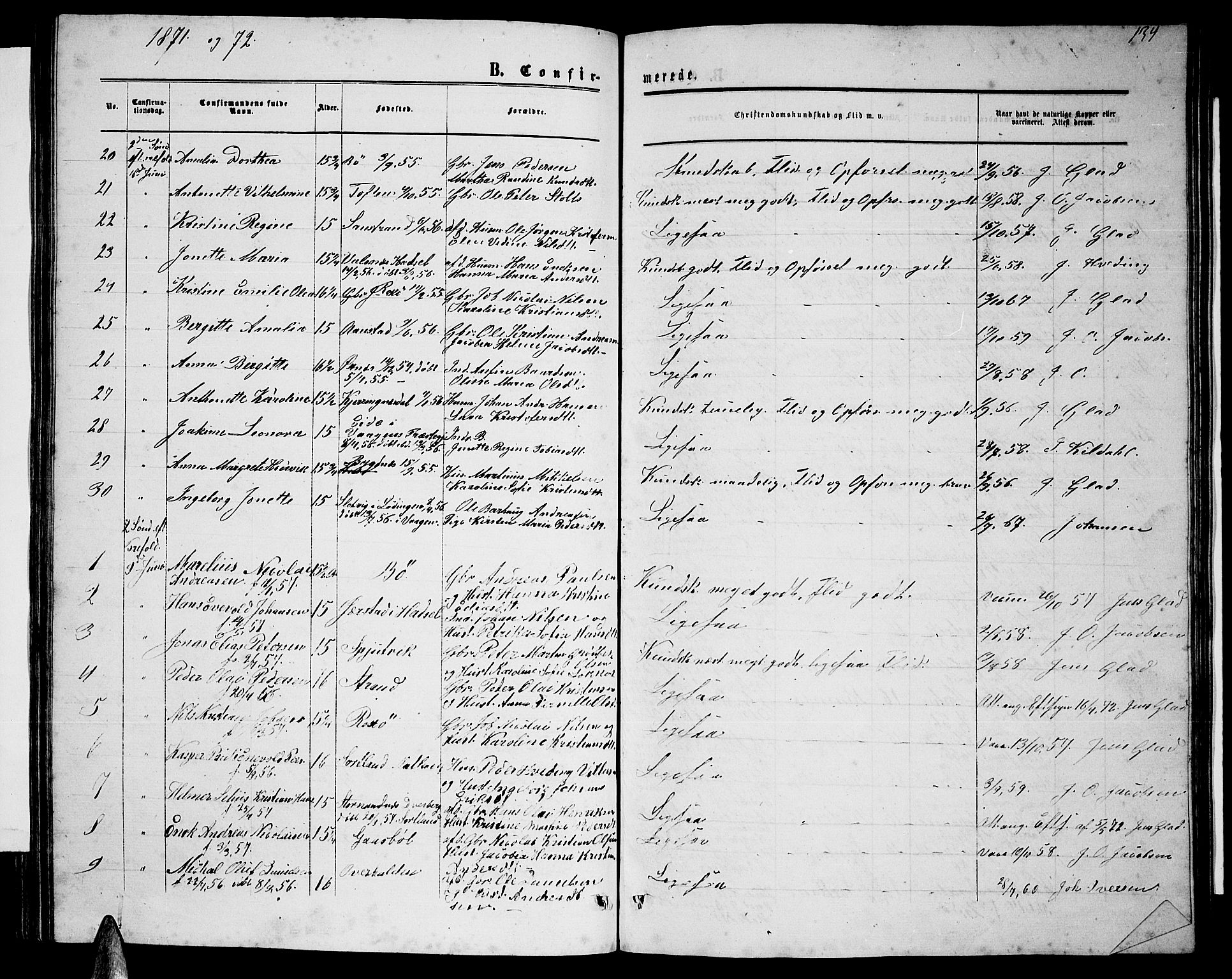 Ministerialprotokoller, klokkerbøker og fødselsregistre - Nordland, SAT/A-1459/895/L1381: Parish register (copy) no. 895C03, 1864-1885, p. 134