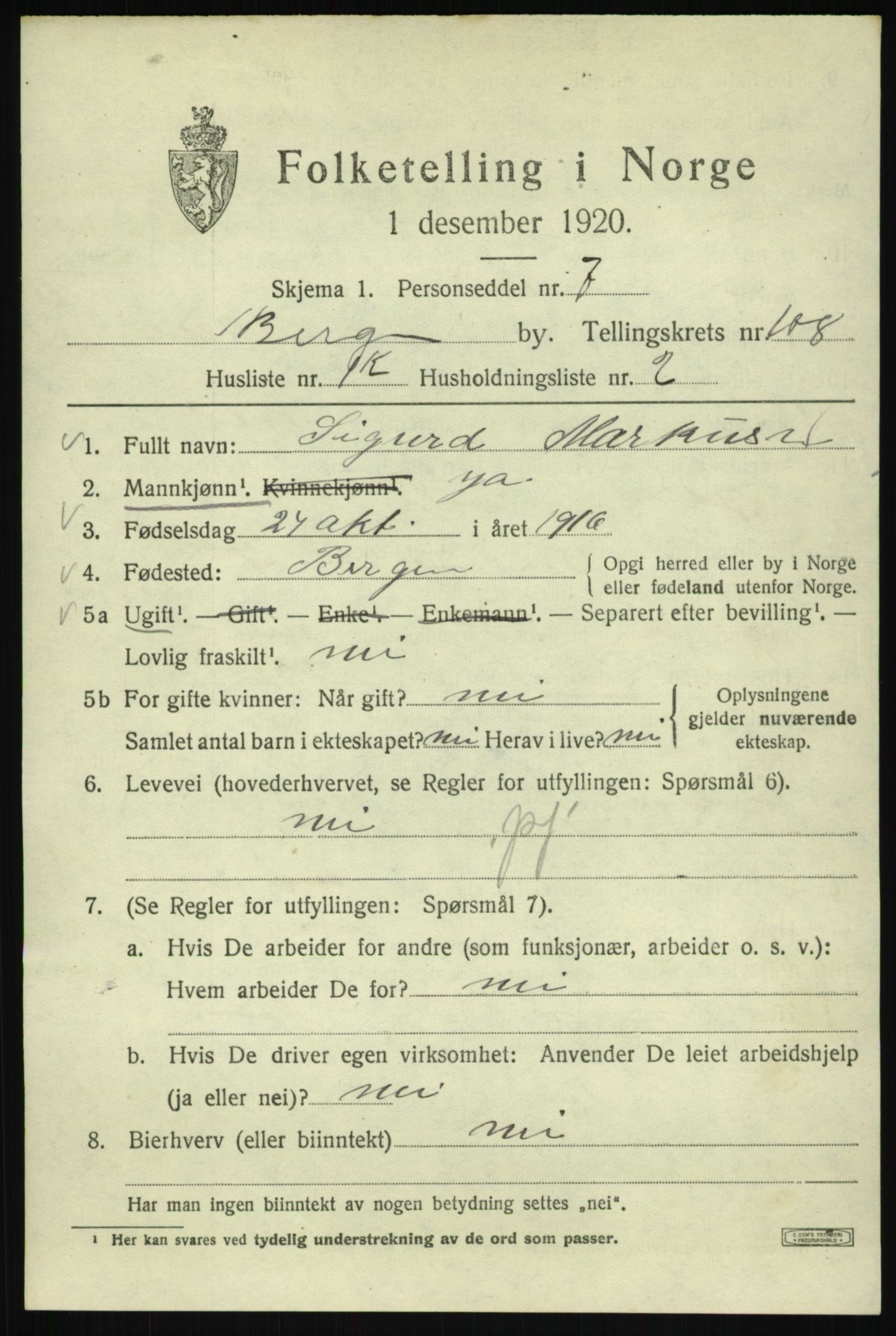 SAB, 1920 census for Bergen, 1920, p. 187138