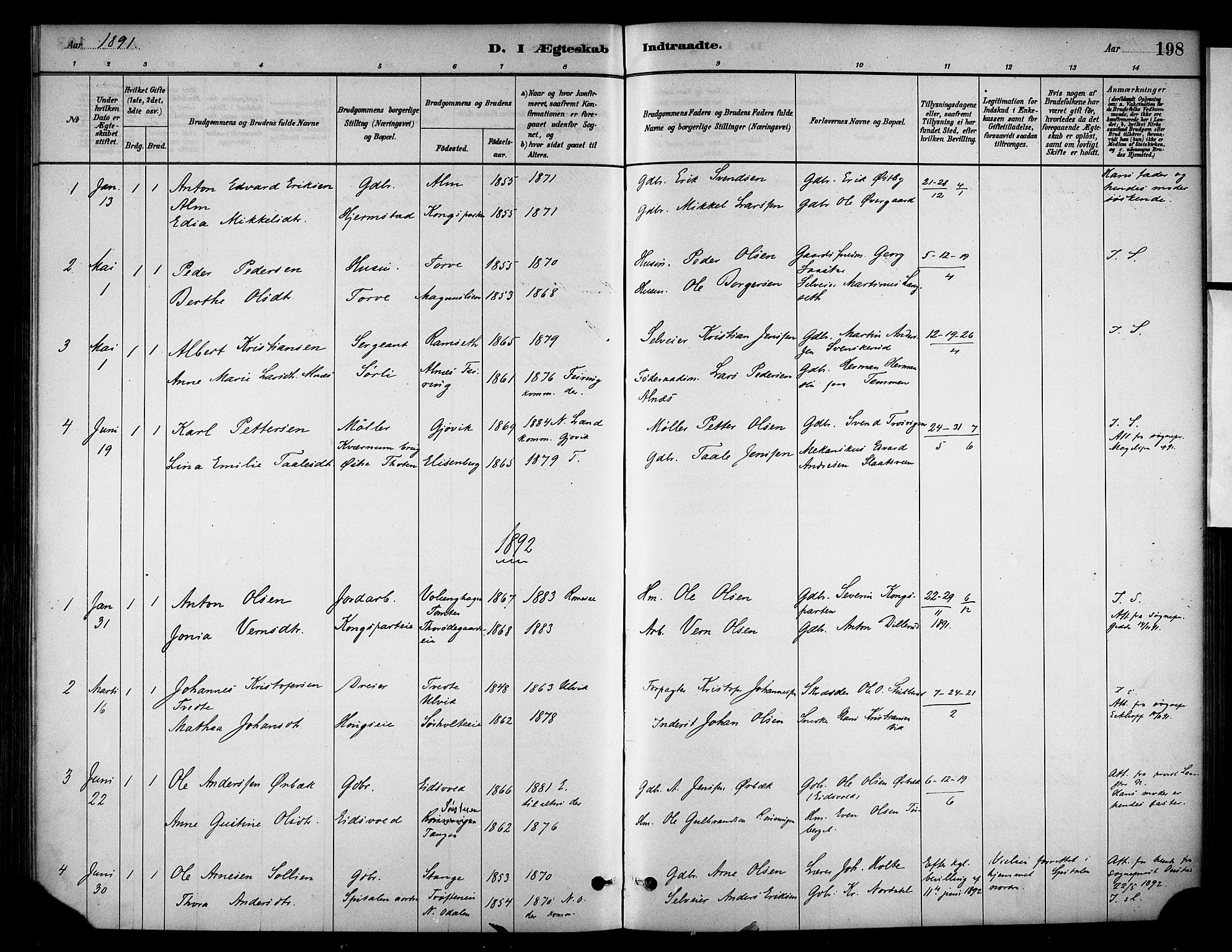 Stange prestekontor, SAH/PREST-002/K/L0018: Parish register (official) no. 18, 1880-1896, p. 198