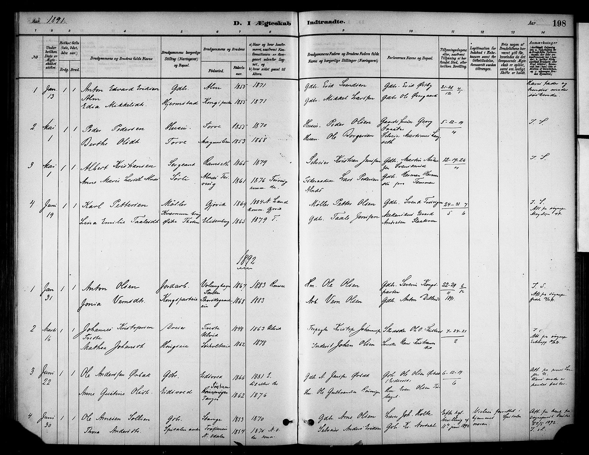 Stange prestekontor, AV/SAH-PREST-002/K/L0018: Parish register (official) no. 18, 1880-1896, p. 198