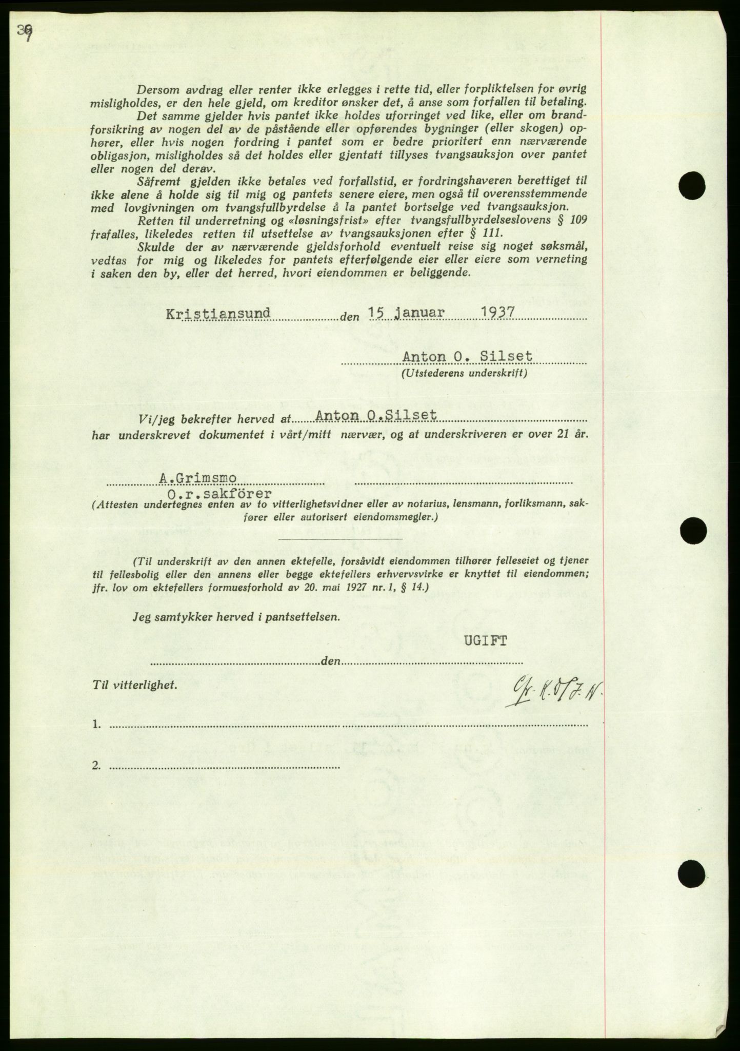 Nordmøre sorenskriveri, AV/SAT-A-4132/1/2/2Ca/L0091: Mortgage book no. B81, 1937-1937, Diary no: : 600/1937