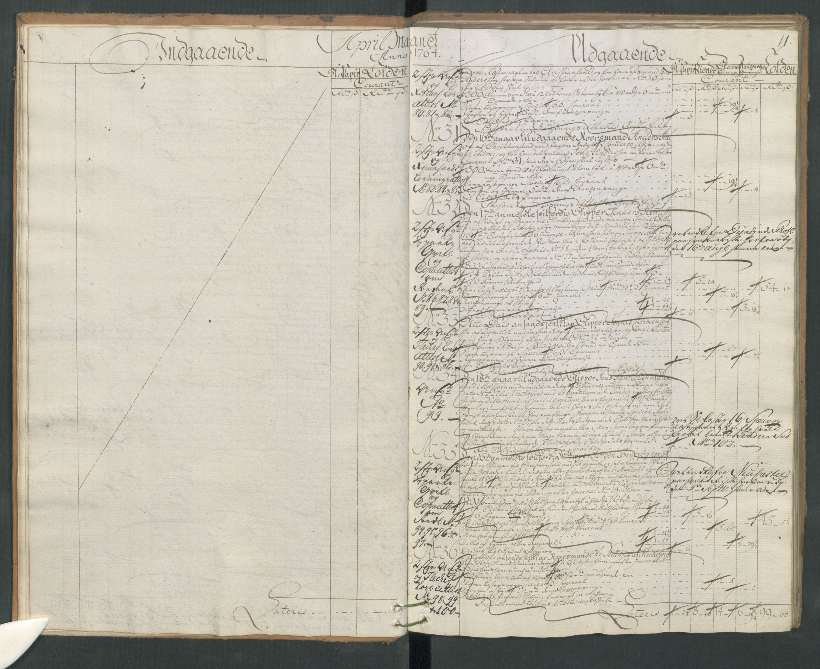 Generaltollkammeret, tollregnskaper, AV/RA-EA-5490/R17/L0025/0006: Tollregnskaper Mandal / Utgående hovedtollbok, 1764, p. 10b-11a
