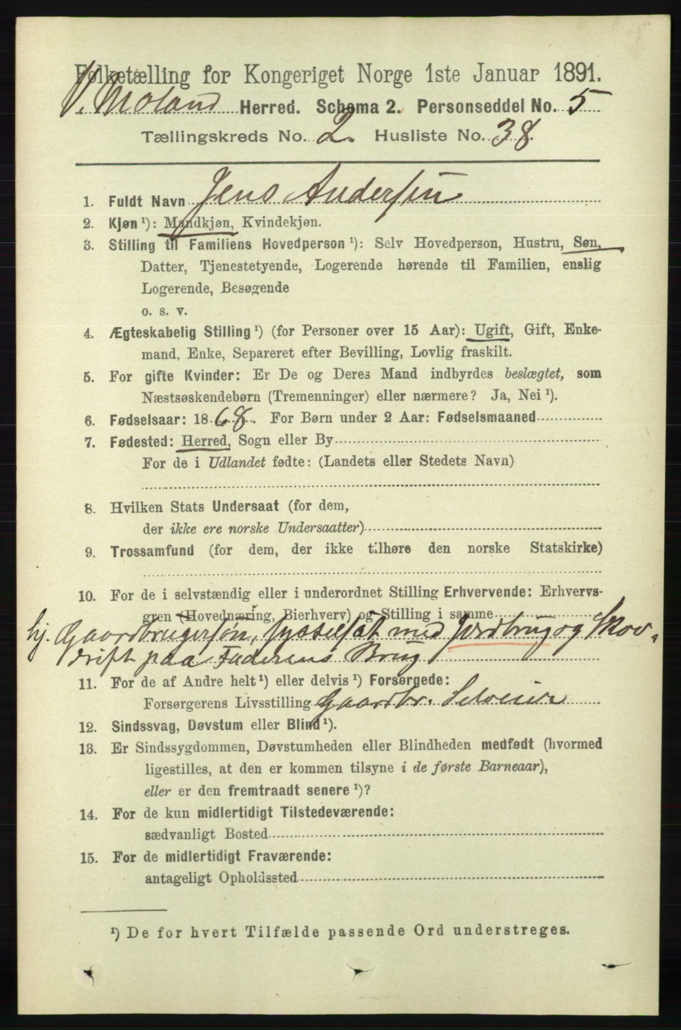 RA, 1891 census for 0926 Vestre Moland, 1891, p. 812