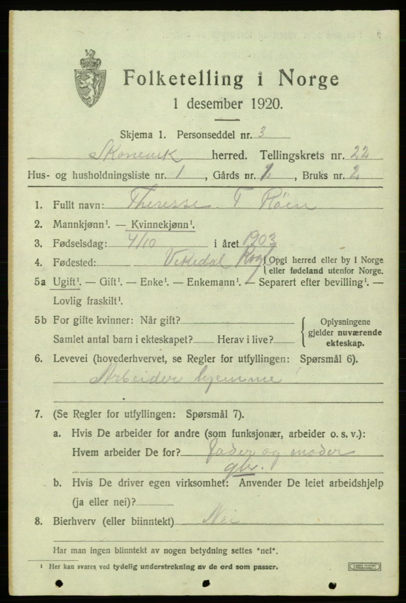 SAB, 1920 census for Skånevik, 1920, p. 8137