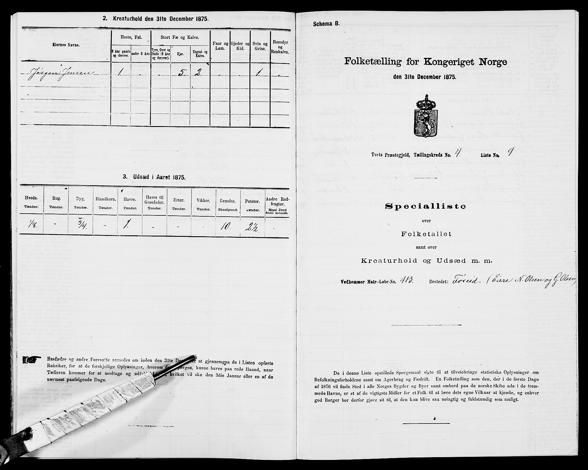 SAK, 1875 census for 1013P Tveit, 1875, p. 519